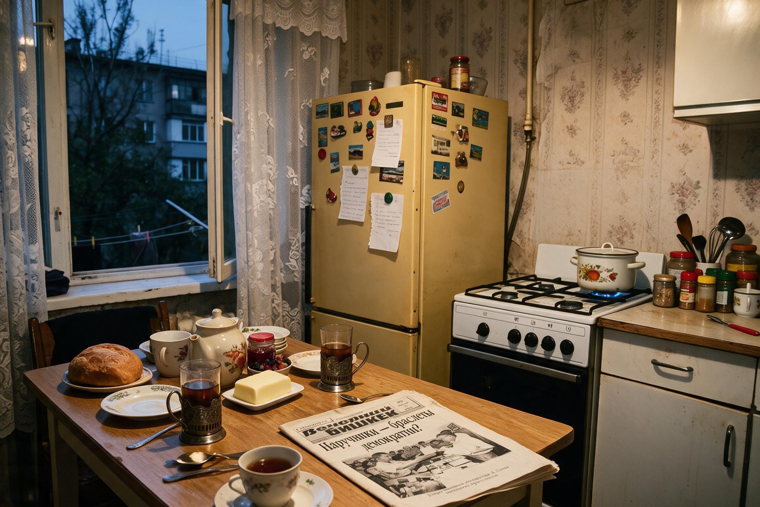 A Bishkek kitchen in 1999, two newspapers in two alphabets