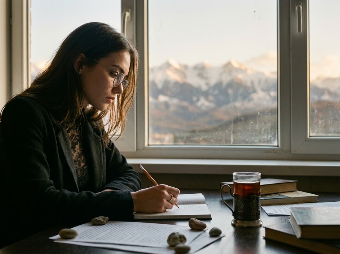 Writing desk facing the Ala-Too mountains, pages weighted with stones