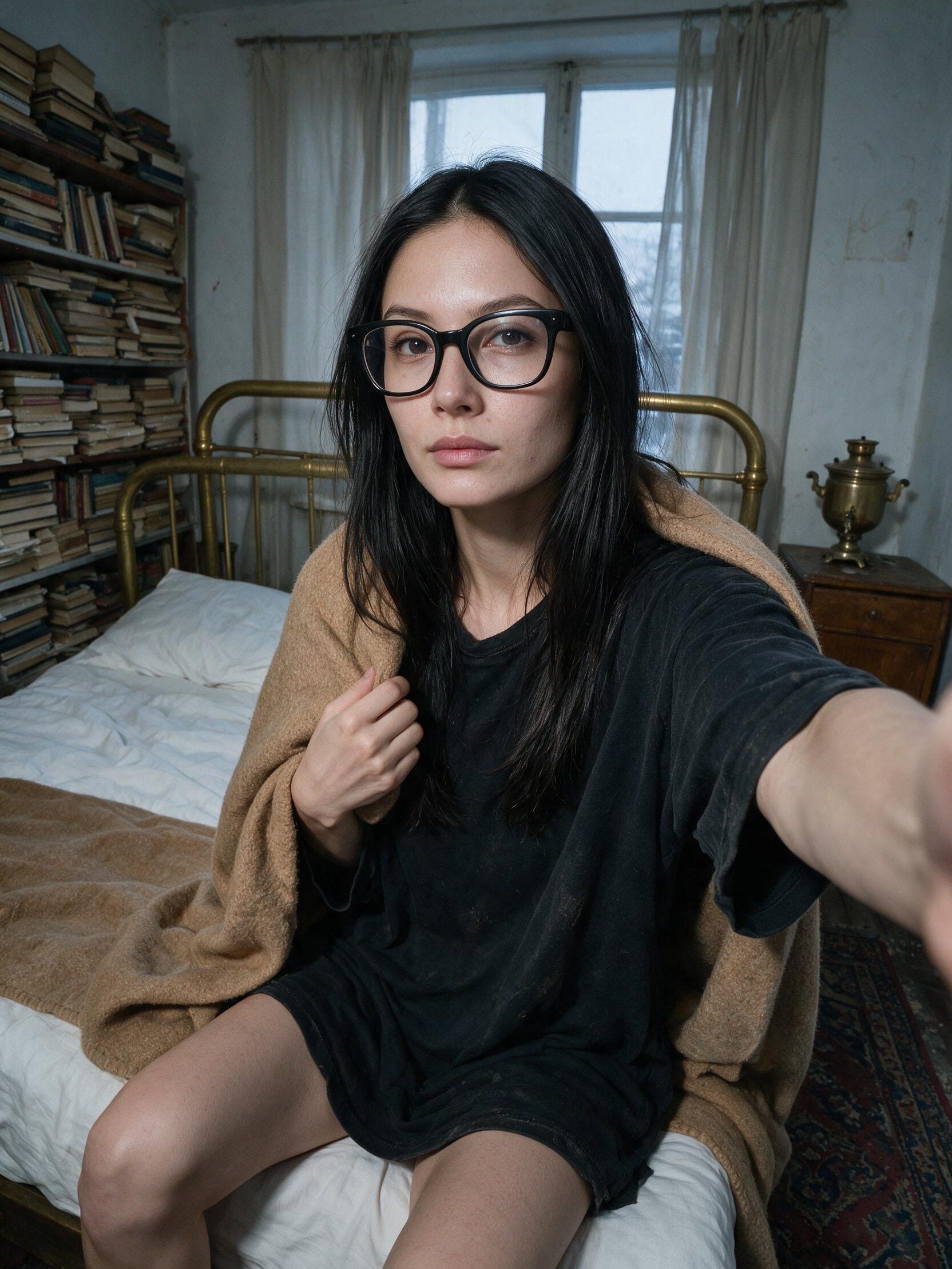 Me in a sleep shirt on the brass bed, winter light.