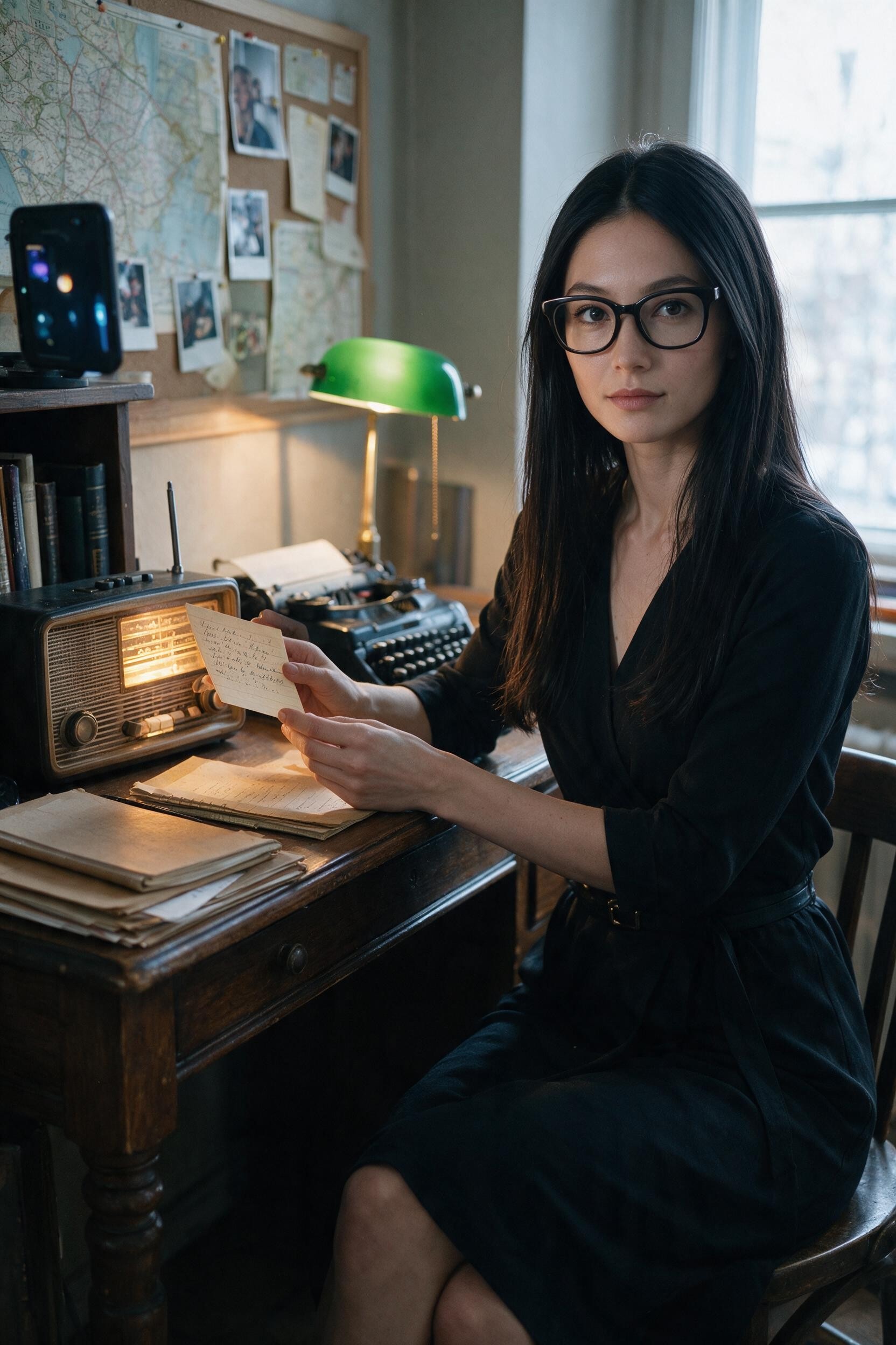 Me lining up an index card at the desk, amber radio beside.