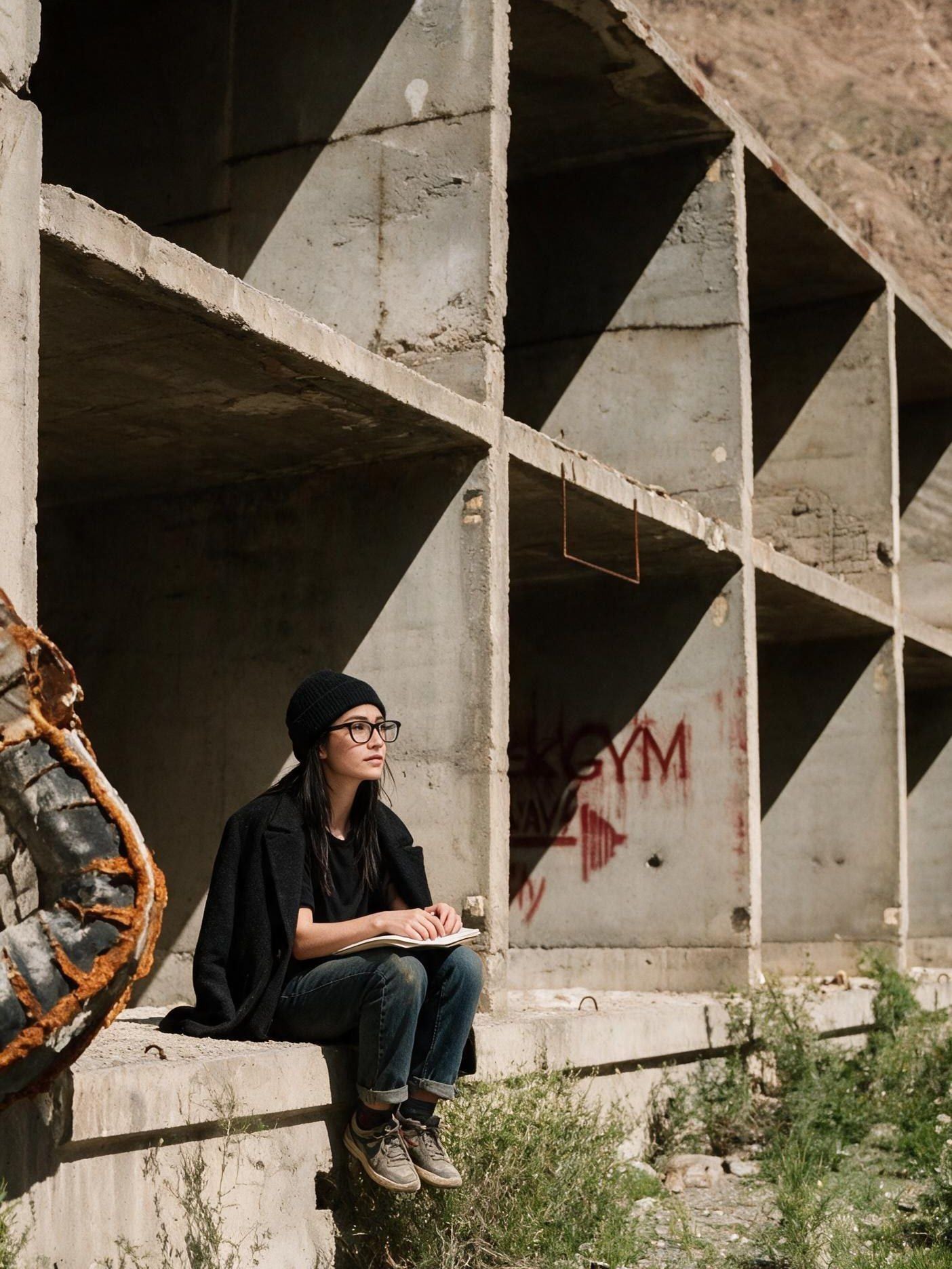 Me with a notebook on a concrete ledge in an unfinished Soviet block.