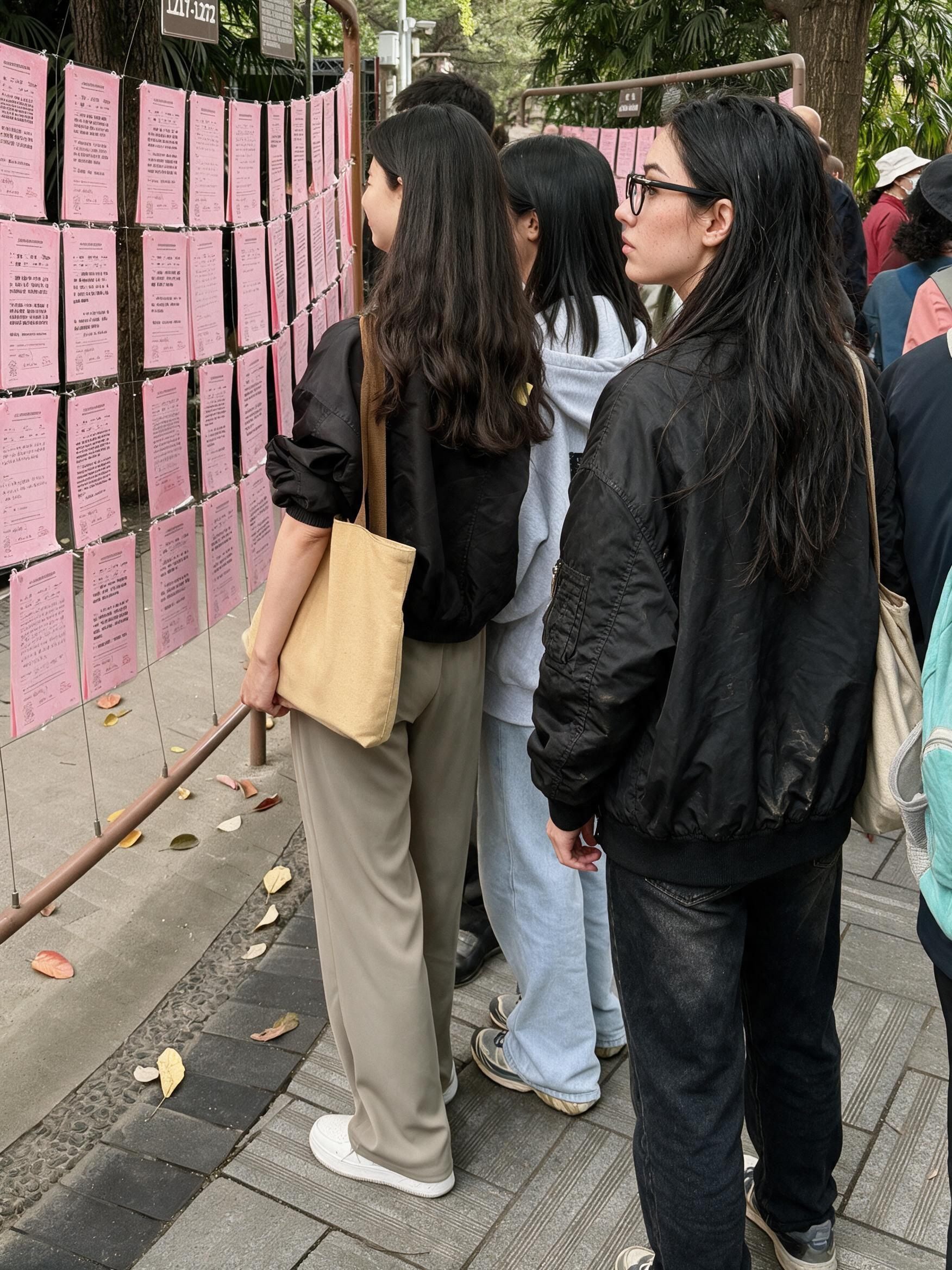 Me reading pink handwritten marriage ads on wires in a Chengdu park alley, two other women beside me.