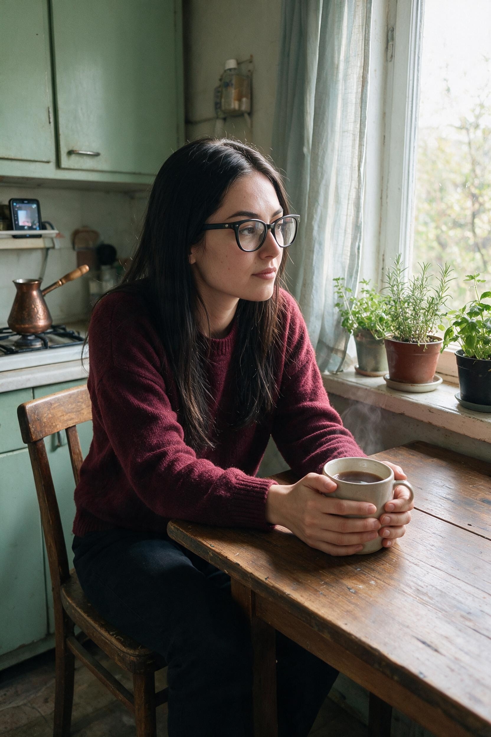 Me with a mug at the kitchen table.