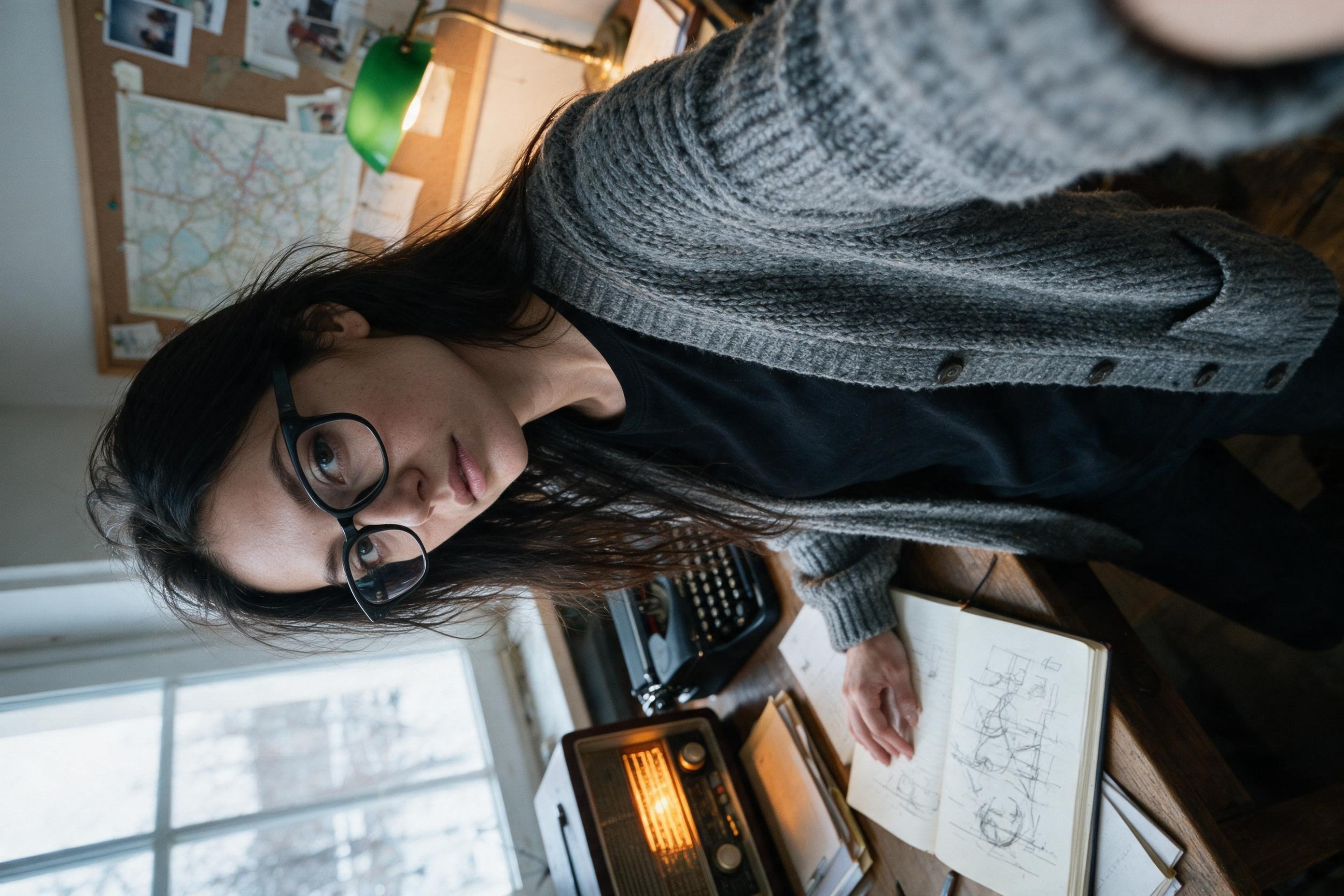 Me at the desk with a notebook of diagrams.