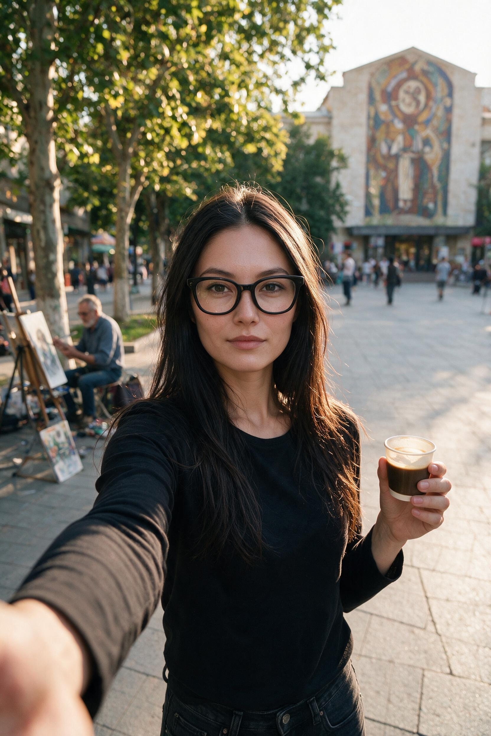 Me, lifting a coffee cup on an Almaty street in summer light.