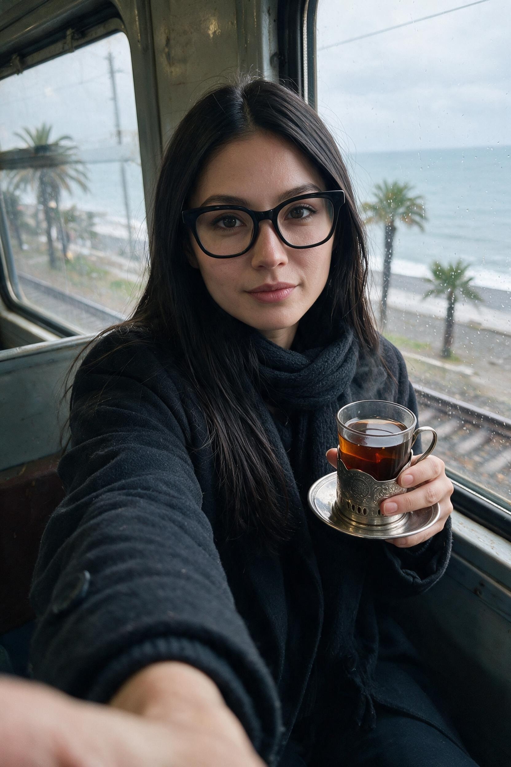 Me steadying a tea glass by the open window on the Georgian coastal train.