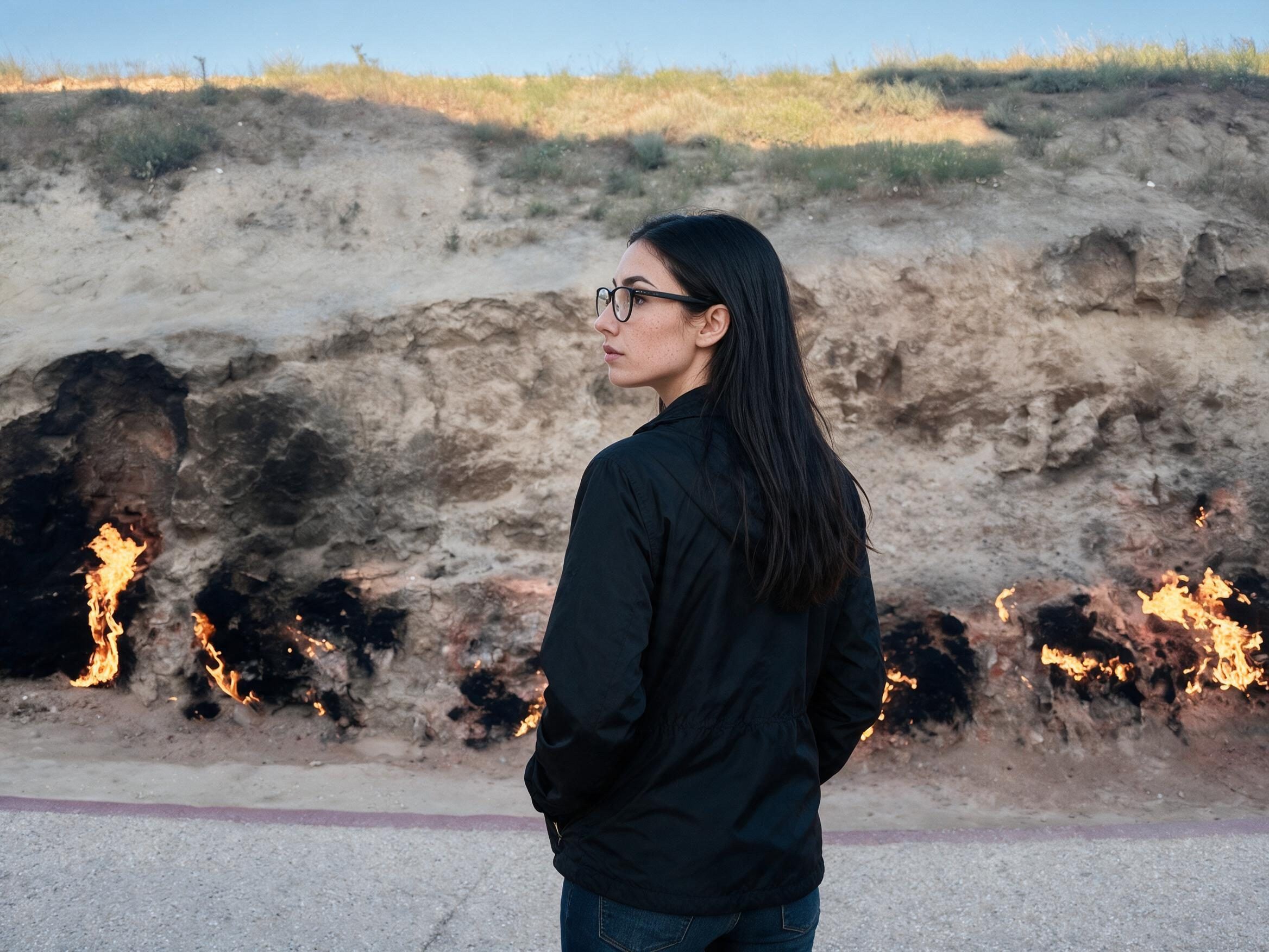 Me, back half turned, before the long burning bank of Yanar Dag.