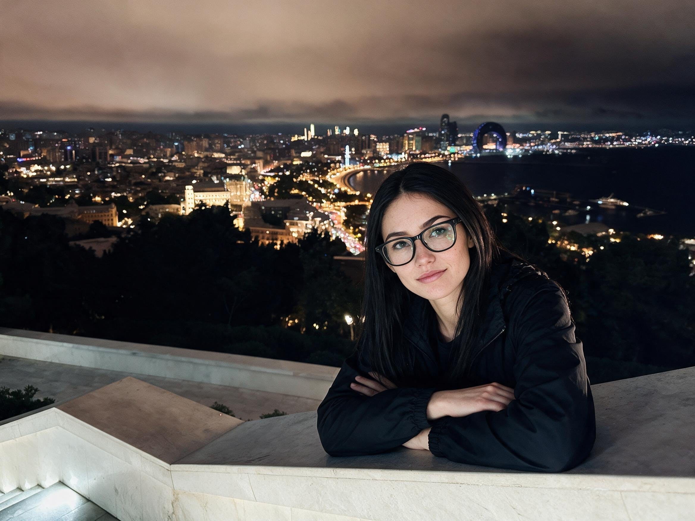 Me leaning on a stone parapet above Baku bay at night, lights in my glasses.