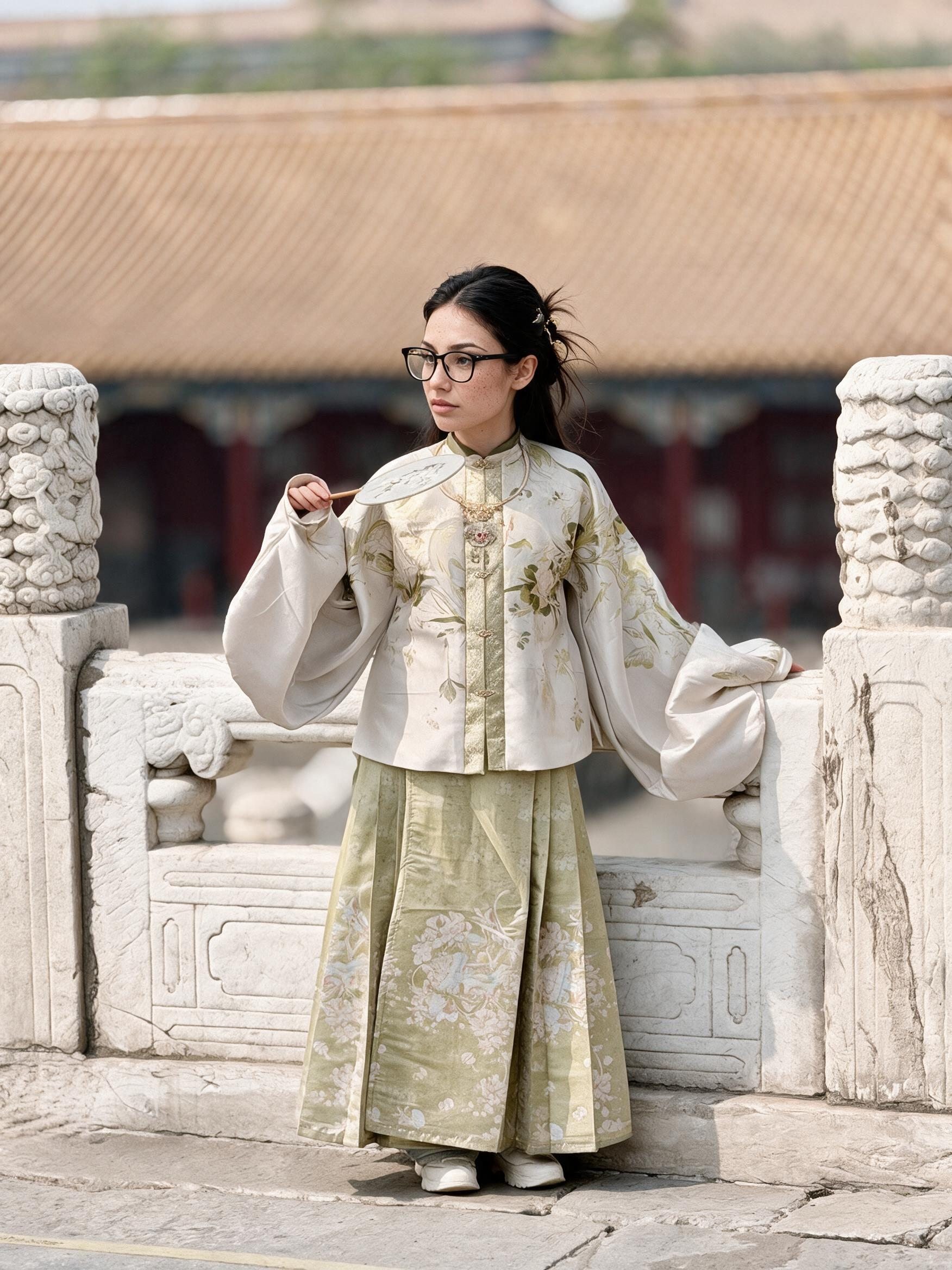 Me in rented cream and green Ming hanfu, gold hair ornaments and silk fan, at a Forbidden City balustrade.
