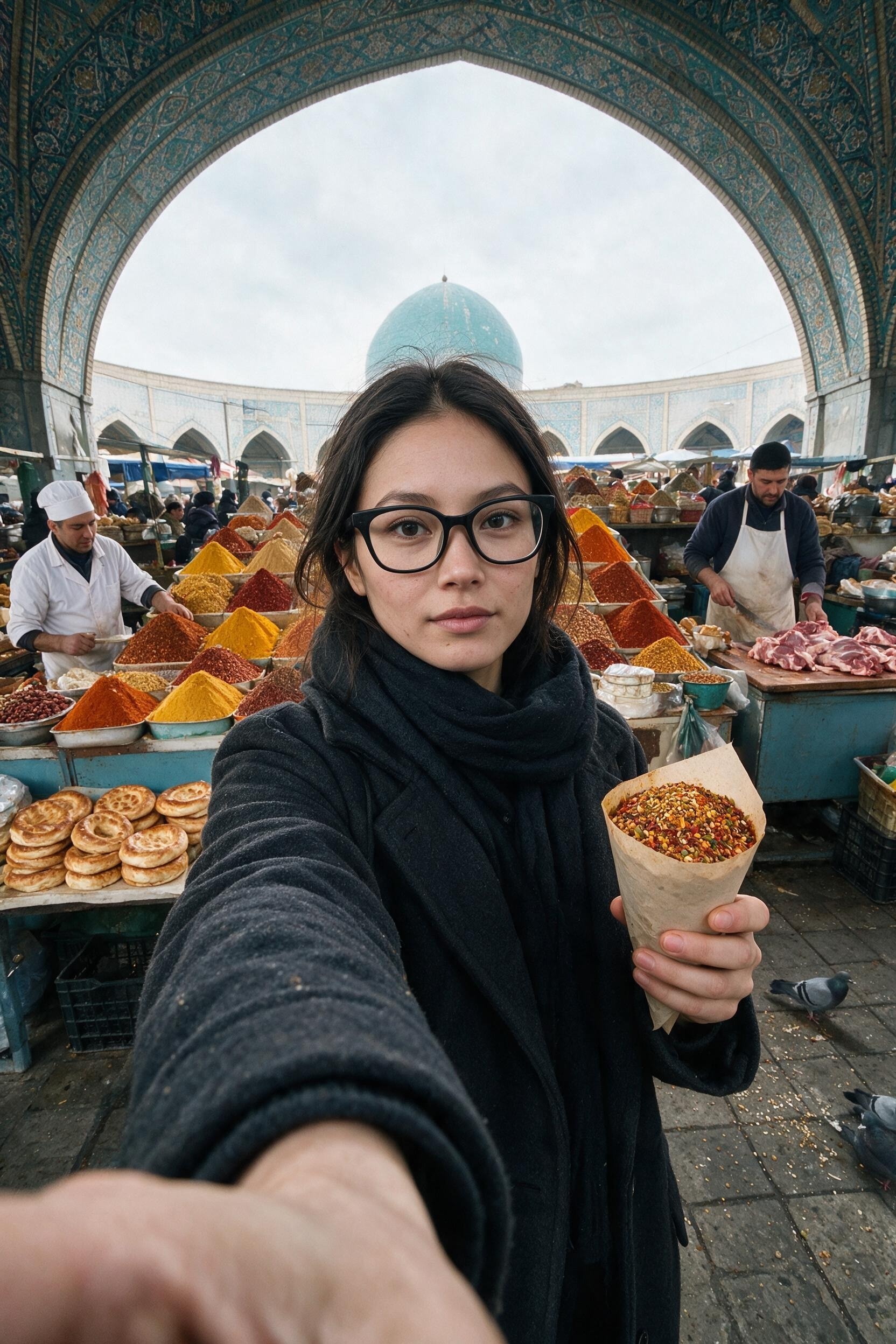 Me lifting a spice cone under the Chorsu Bazaar dome.