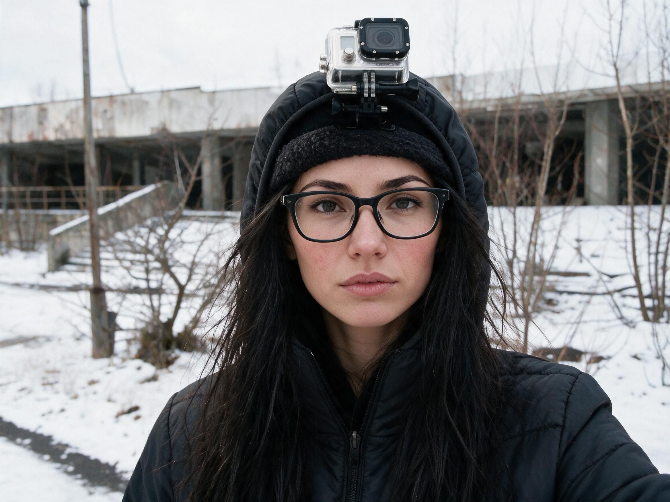 Me in a hooded parka with an action camera on my head, ruined buildings behind me; phone still from the week colour came back into the feed.