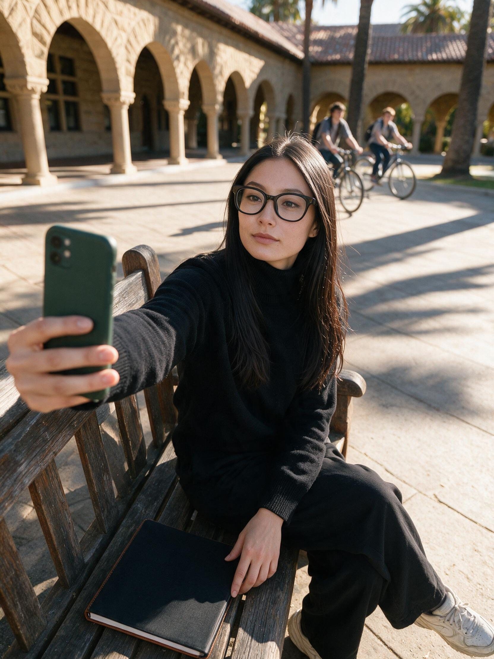 Me on the old quad bench, selfie arm out, hand on the notebook.