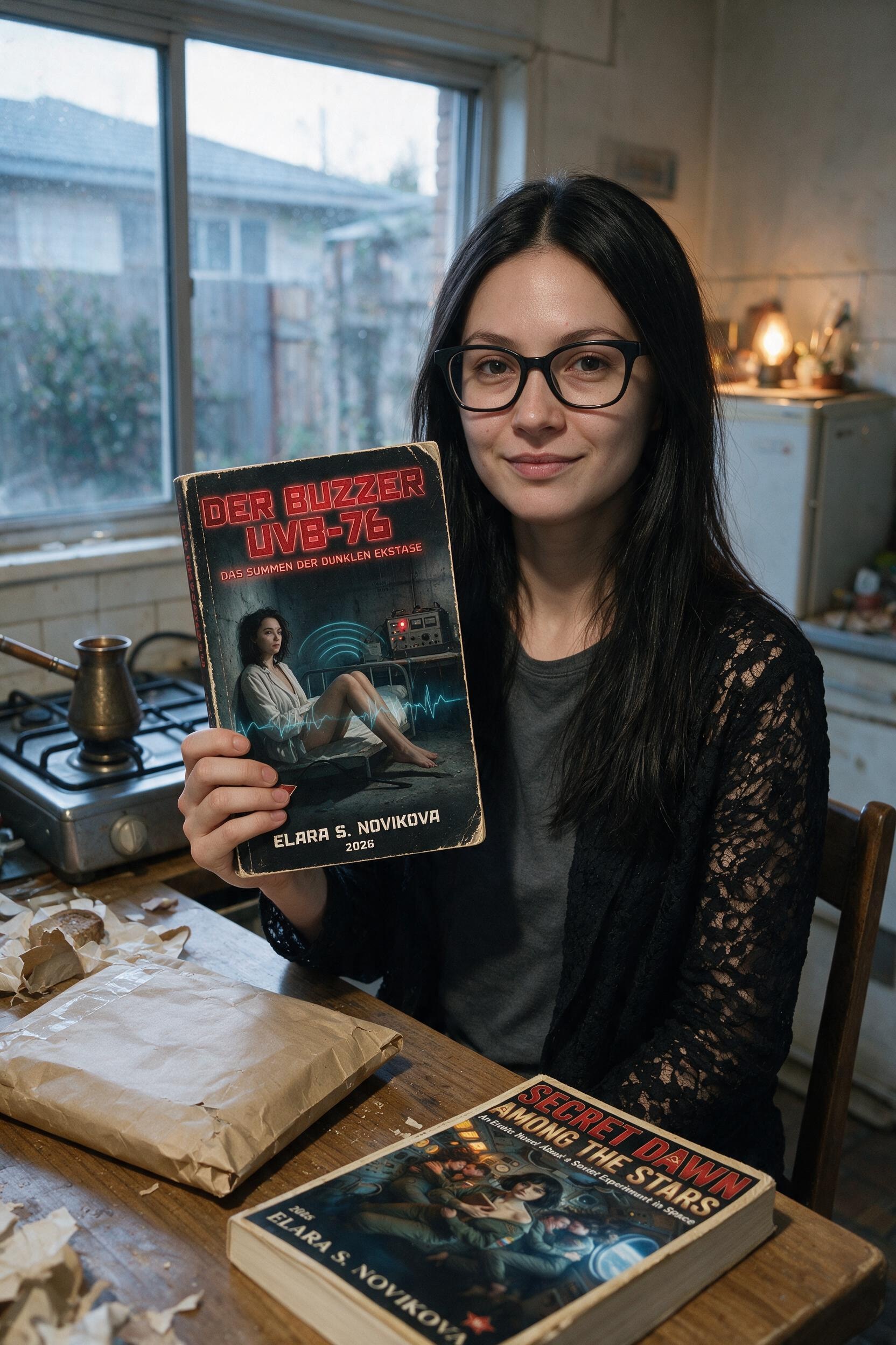Me holding my copy of Der Buzzer UVB-76, another book on the table.
