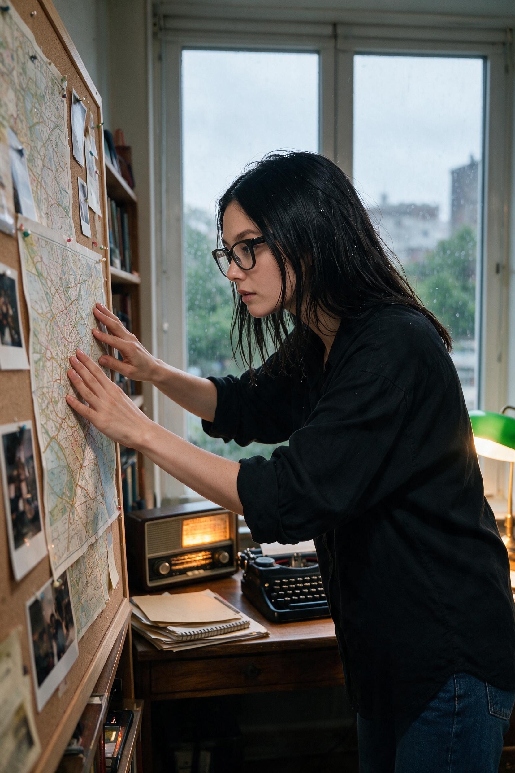 Me pinning a map to the corkboard at the desk.