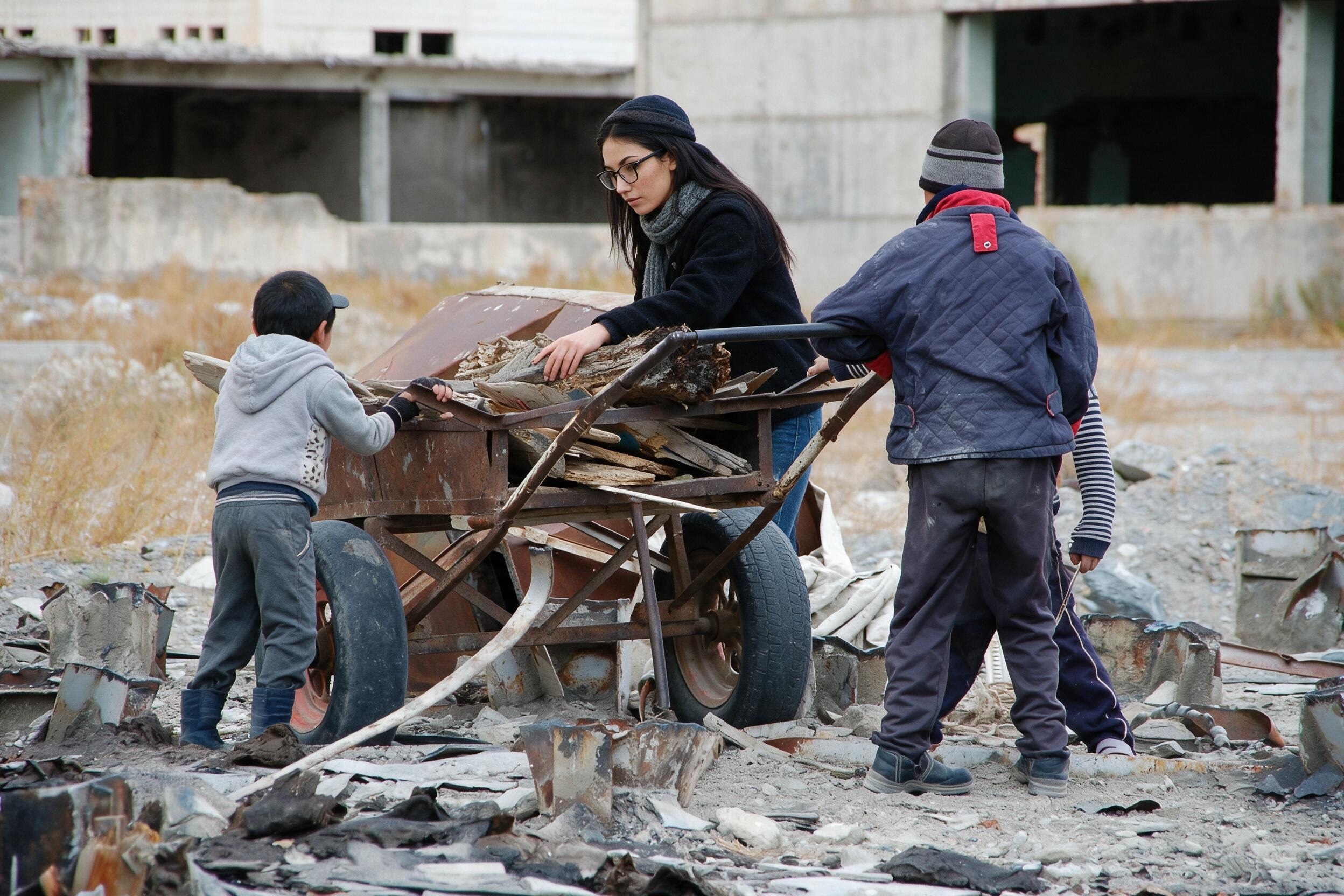 Me helping push a rusty cart of firewood; two kids pulling ahead through ruins.