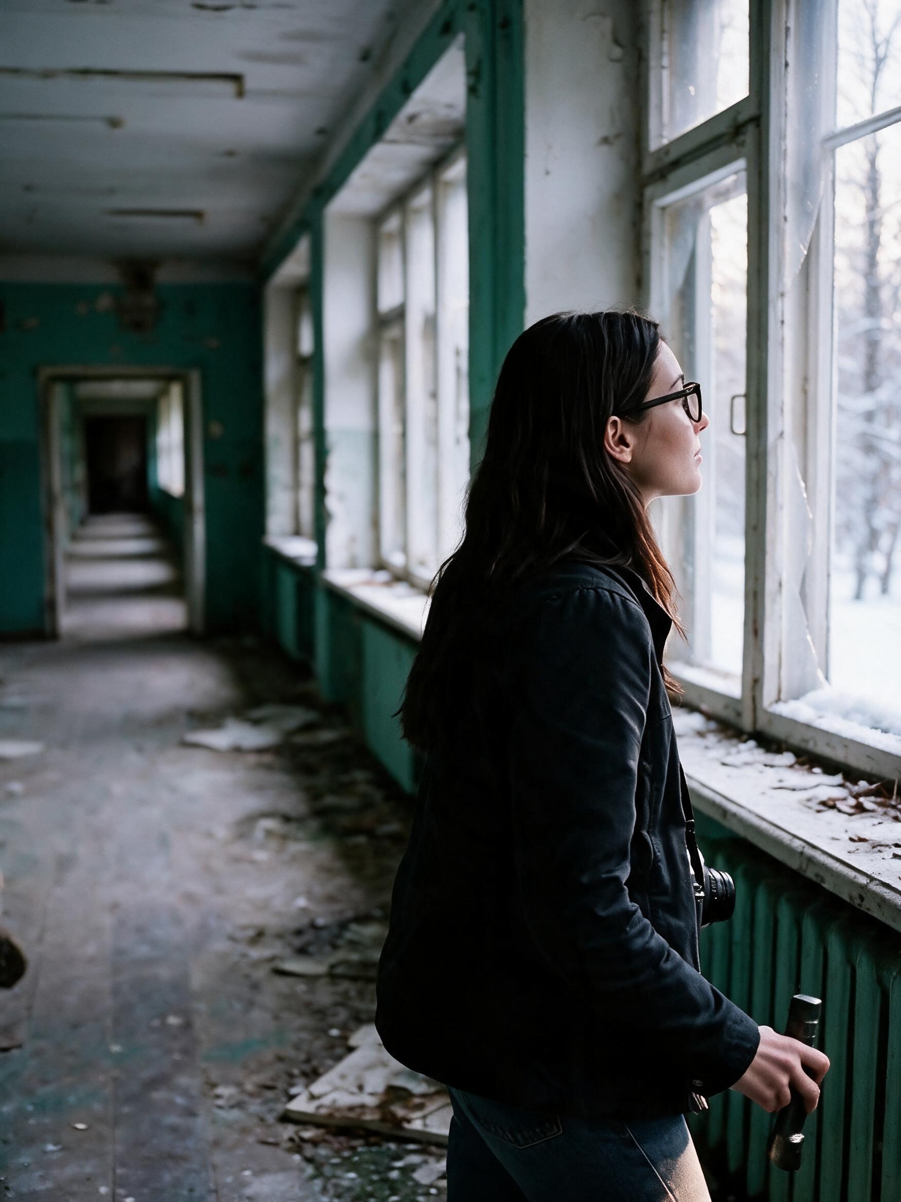 Me exploring an abandoned sanatorium corridor by flashlight.