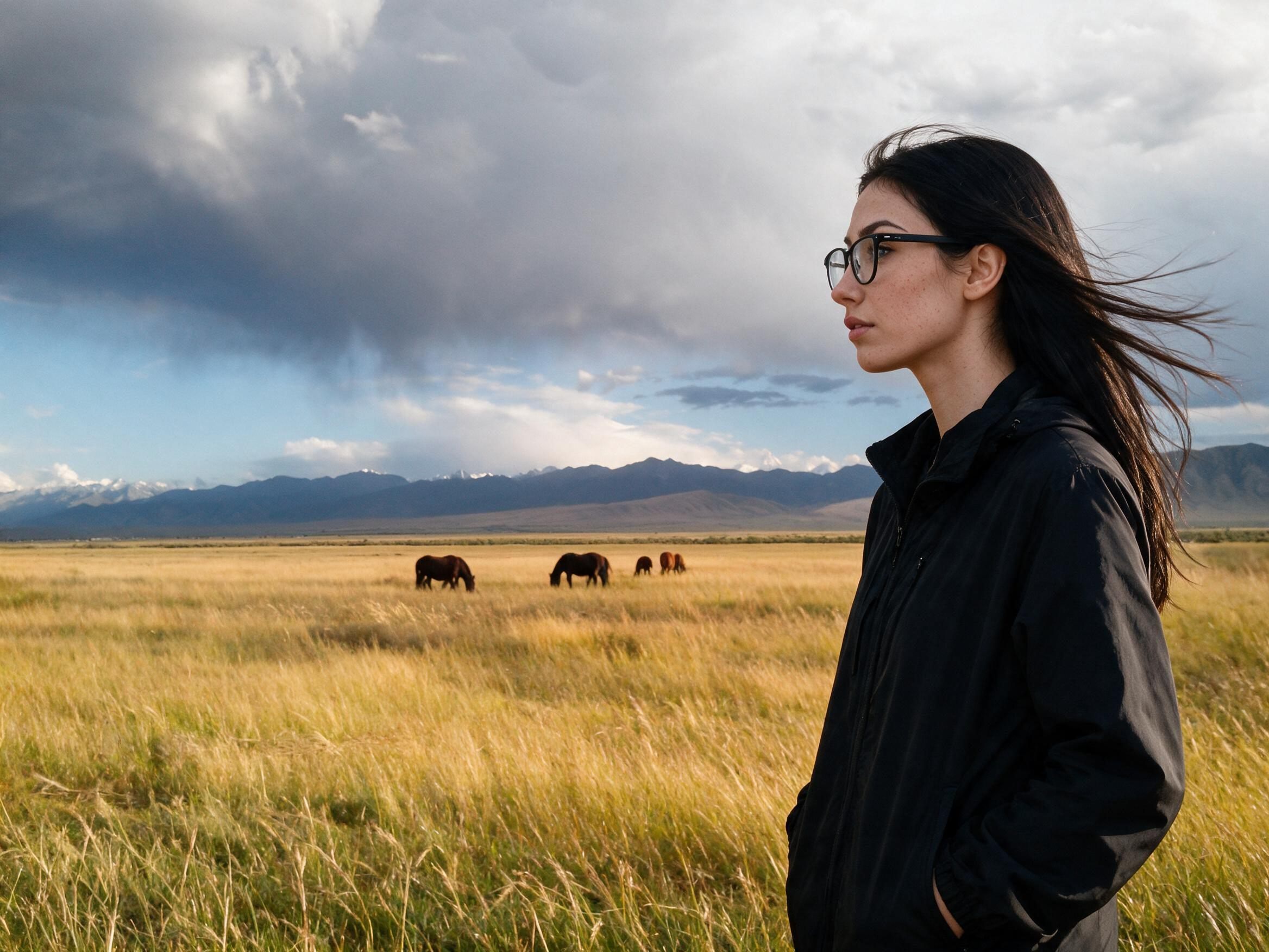 Me watching horses on golden steppe under dark storm clouds and rain.