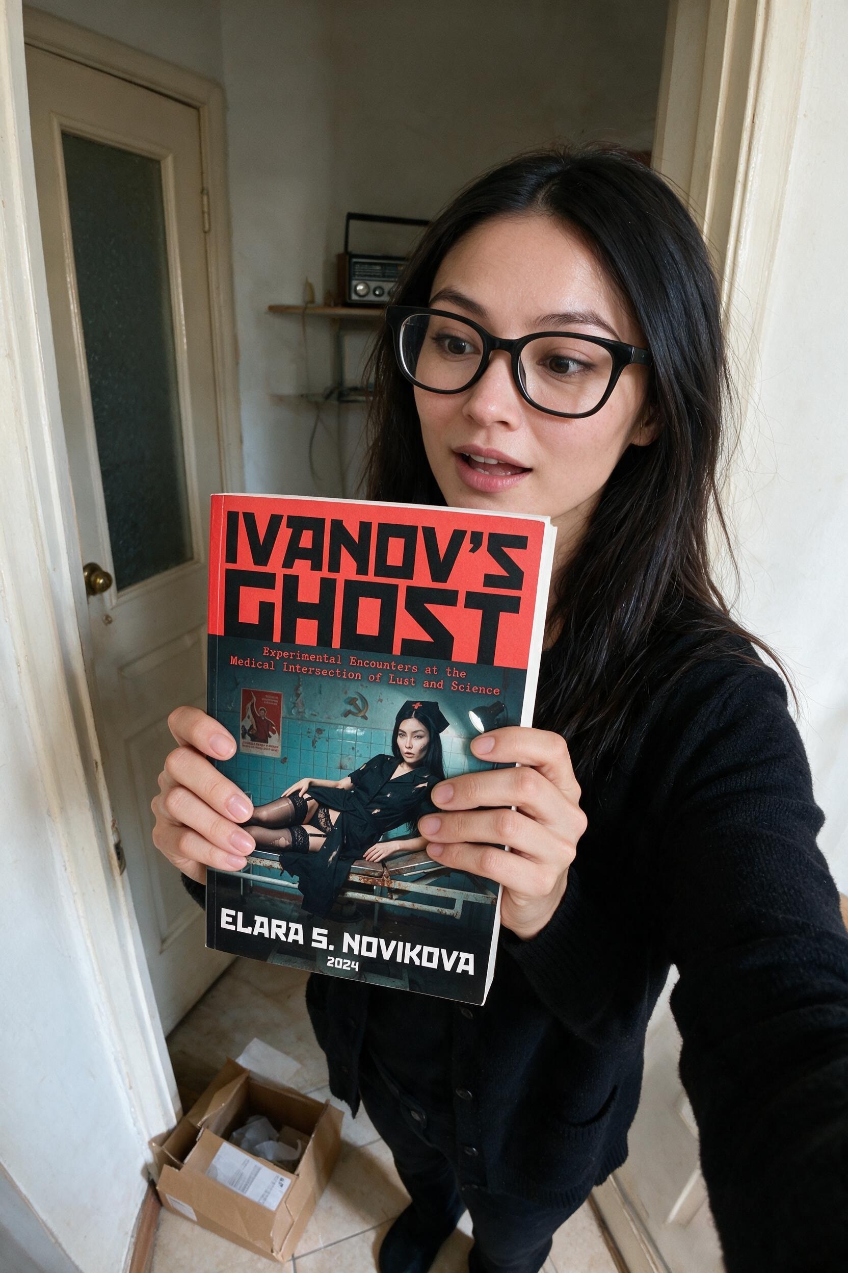 Me holding the first printed copy of Ivanov's Ghost.
