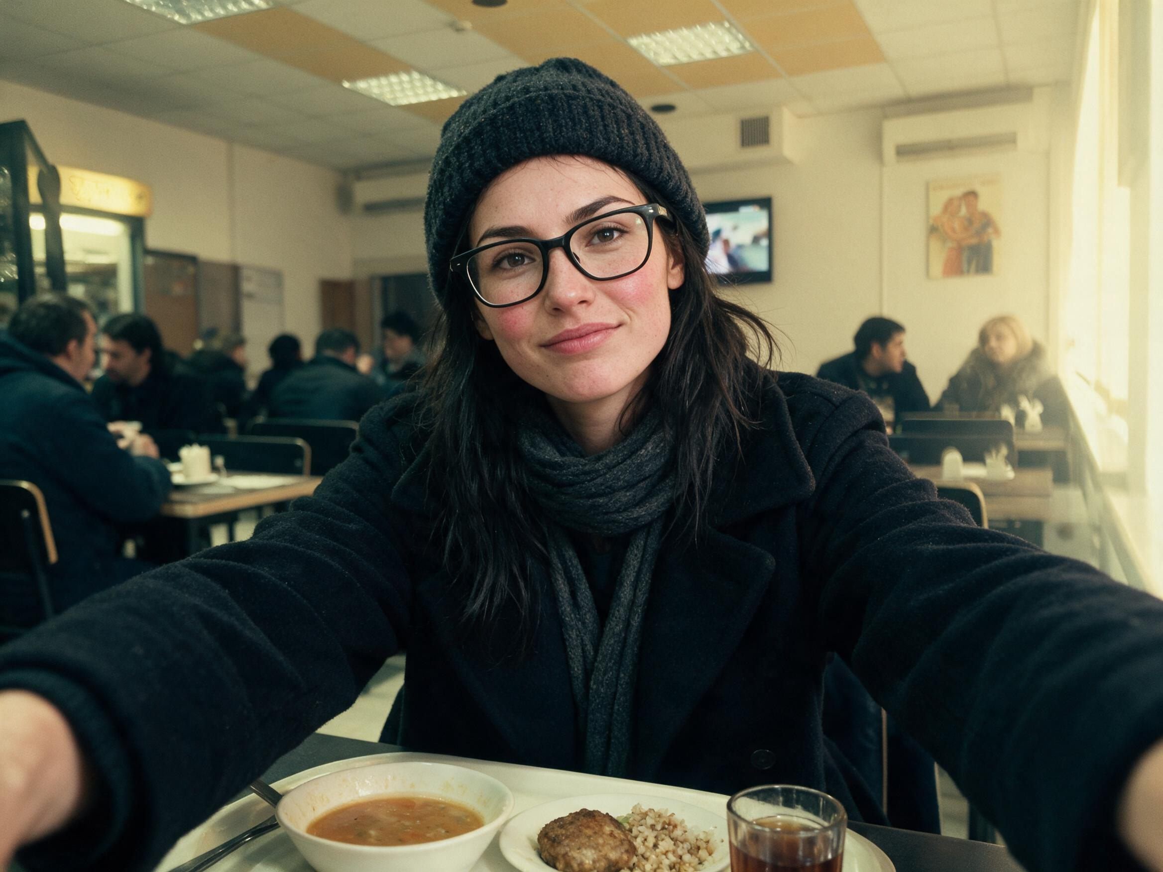 Me at a canteen table: soup, cutlet with buckwheat, and kompot.