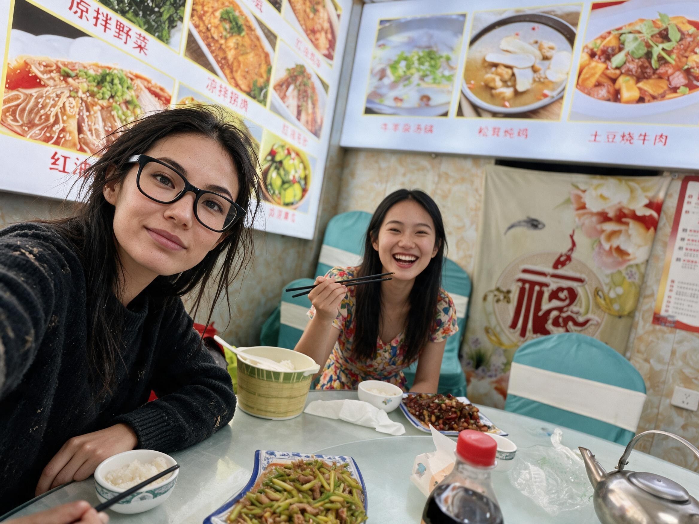 Me beside my laughing driver in a flowered dress, Sichuan dishes on the lazy susan.