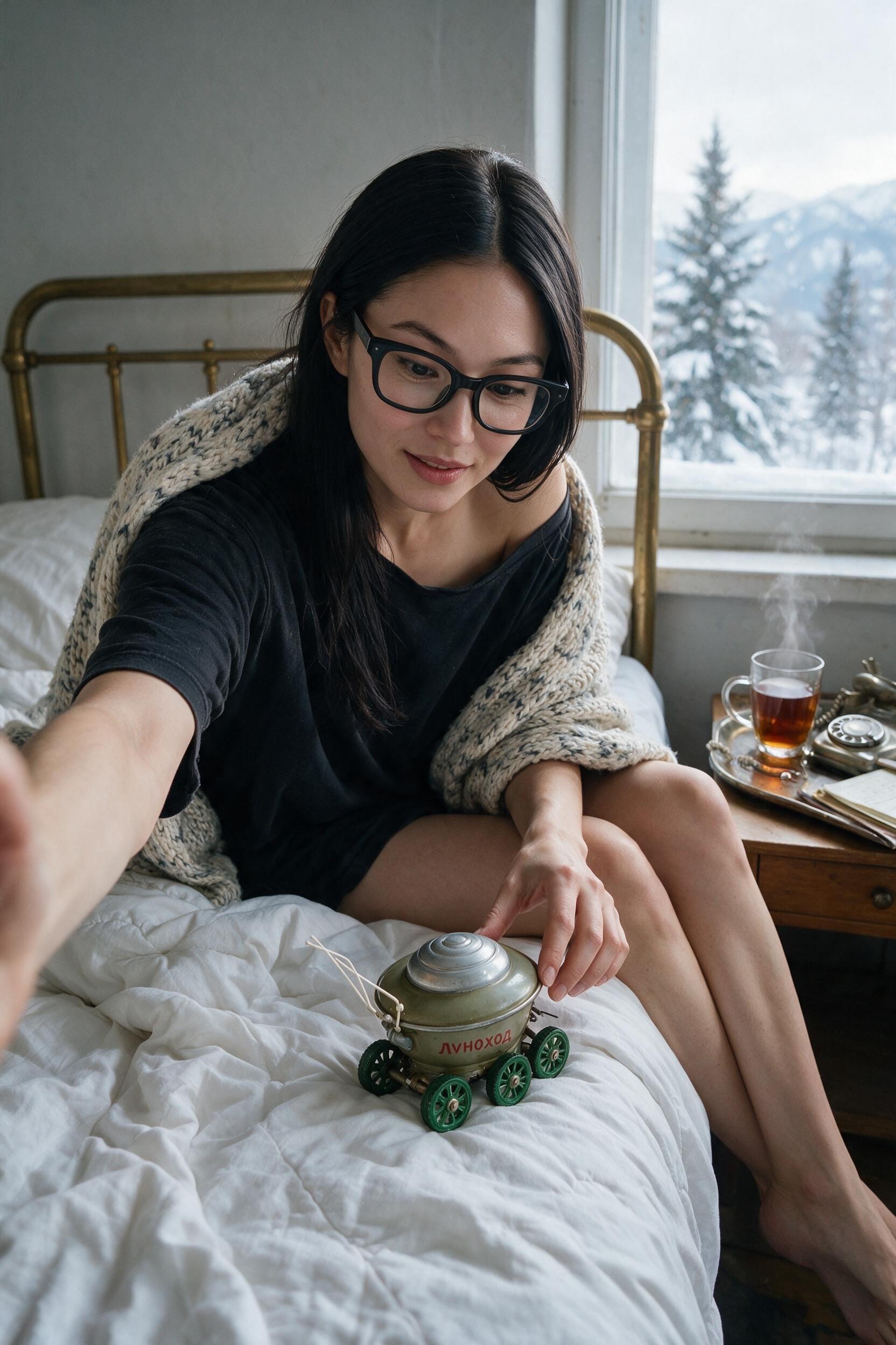 Me in bed reaching for the vintage Lunokhod toy on the white duvet.