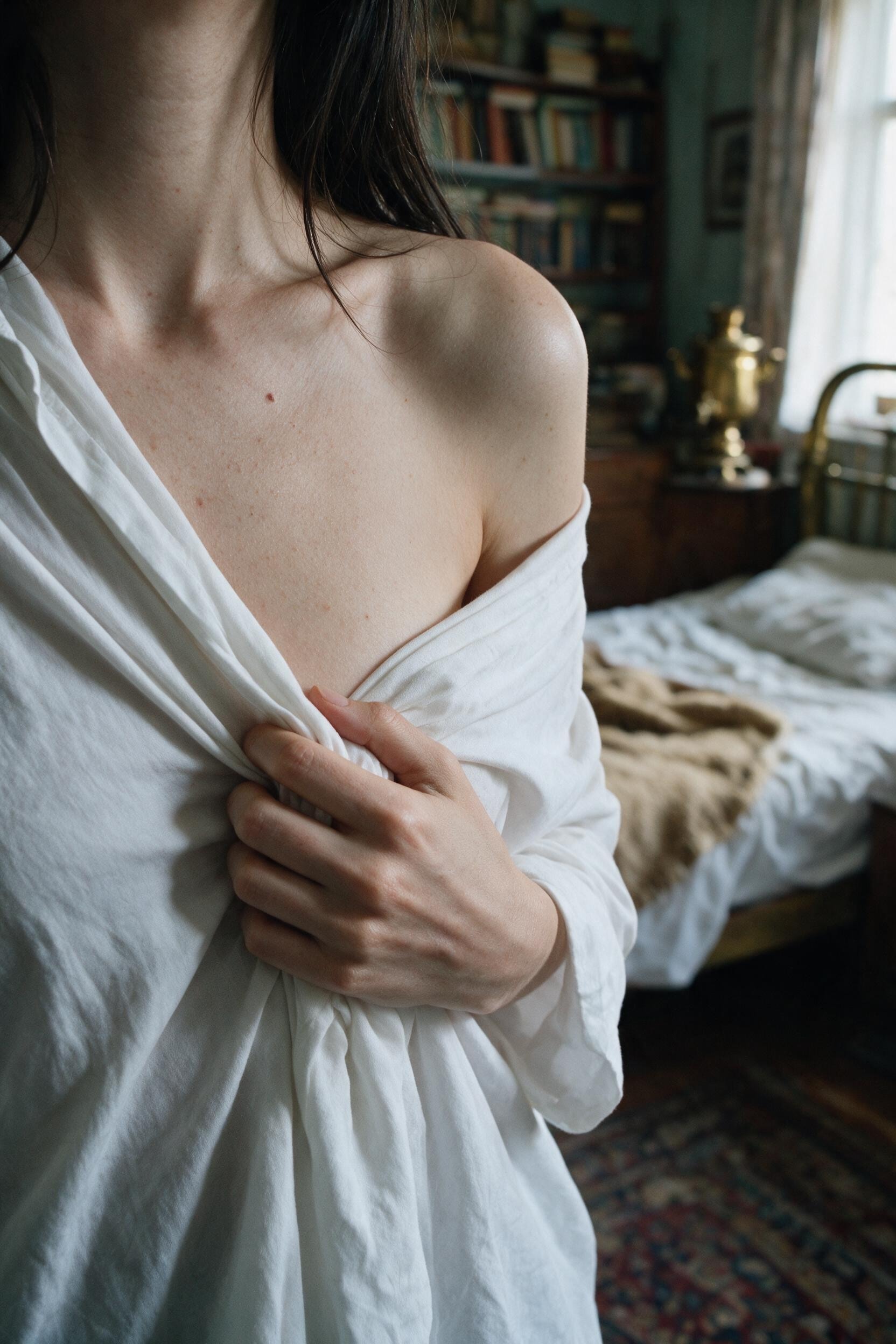 A white shirt slid off one shoulder, my own hand holding it closed, the samovar glowing behind me.