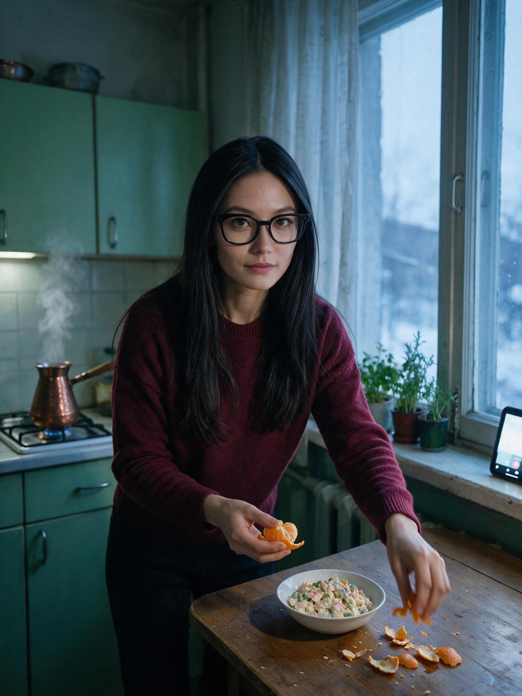 Me arranging mandarin peels beside the Olivier salad in the Bishkek kitchen.