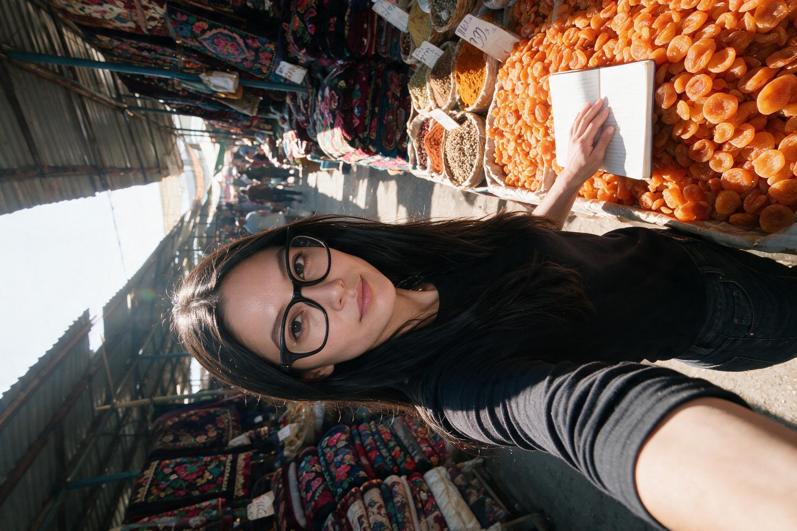 Me at Osh bazaar, notebook against the dried apricots.