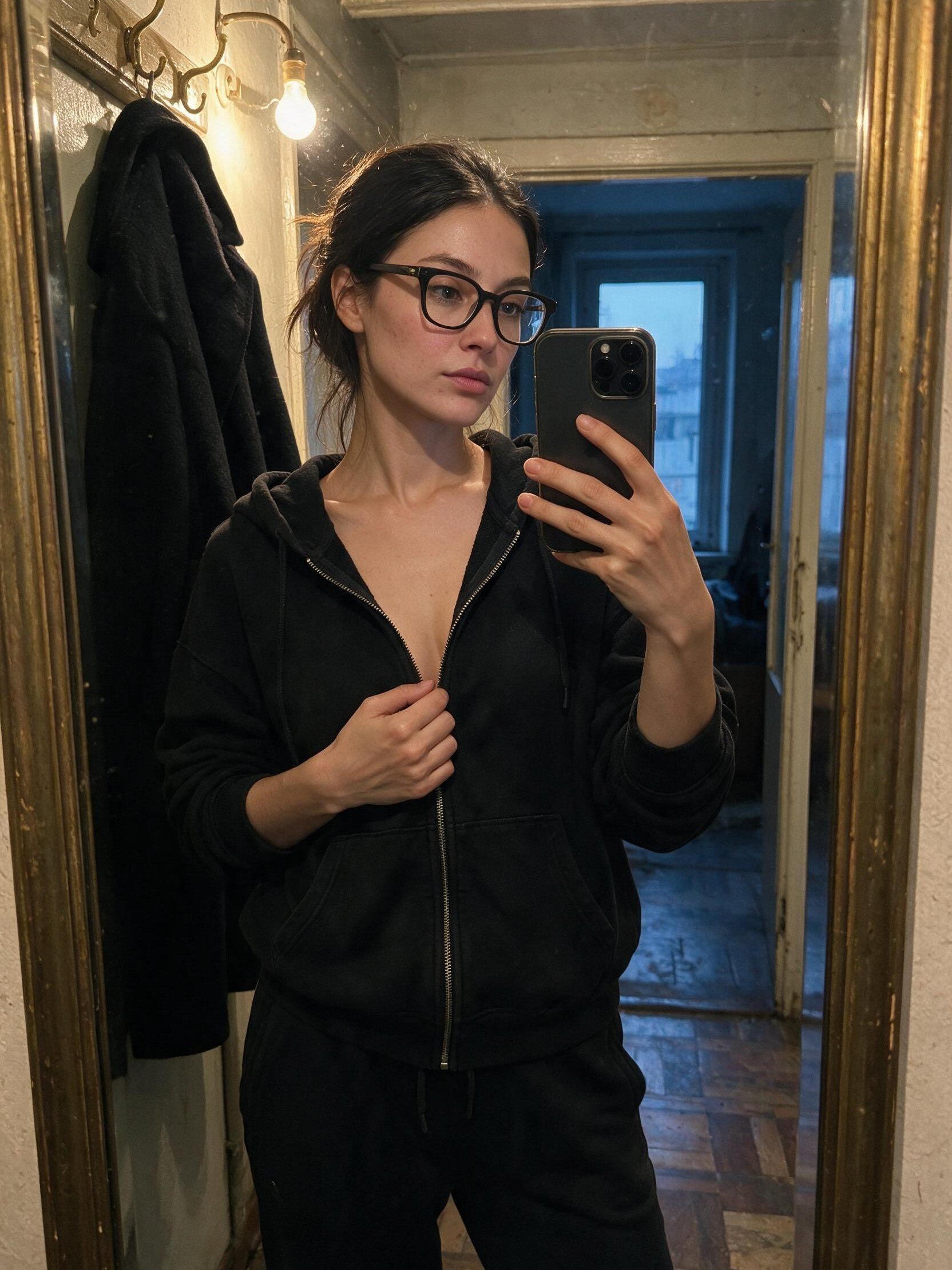 Me in an oversized hoodie, hallway selfie, hand on the zipper.