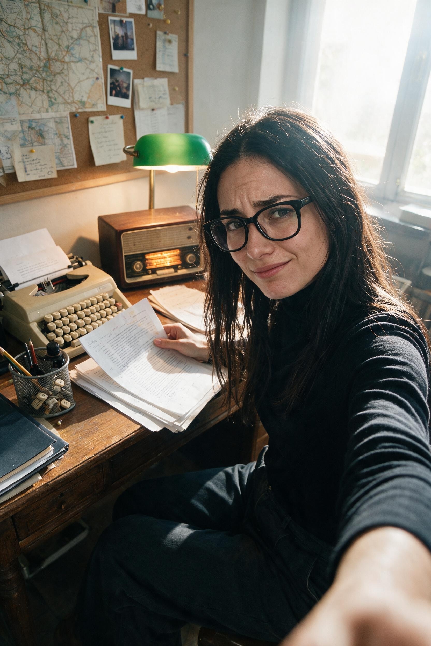 Me holding a proof page under the banker's lamp.