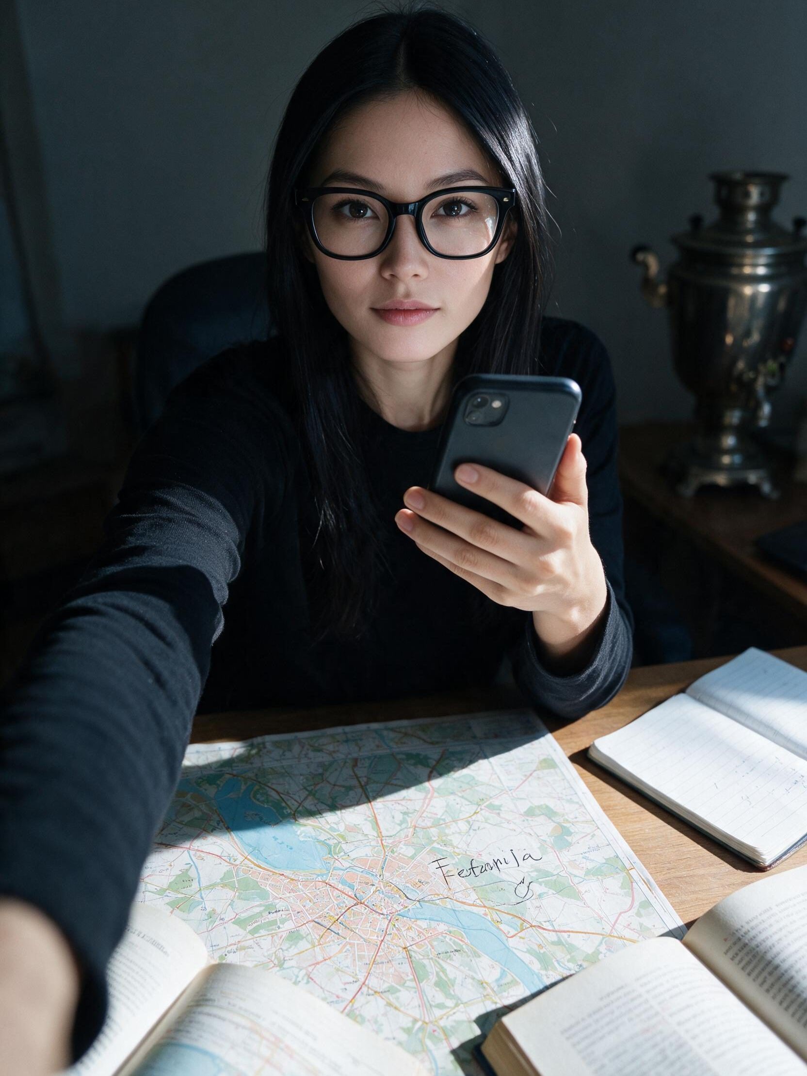 Me at the desk with a phone, a Feofanija map among books, samovar behind.
