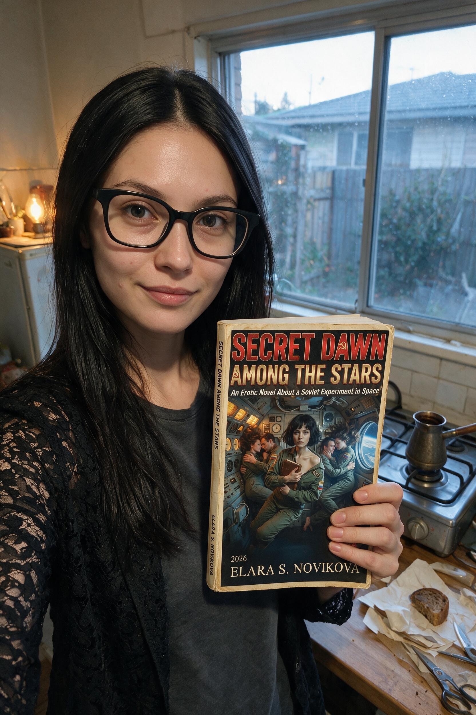 Me holding my printed copy of Secret Dawn Among the Stars on launch day.