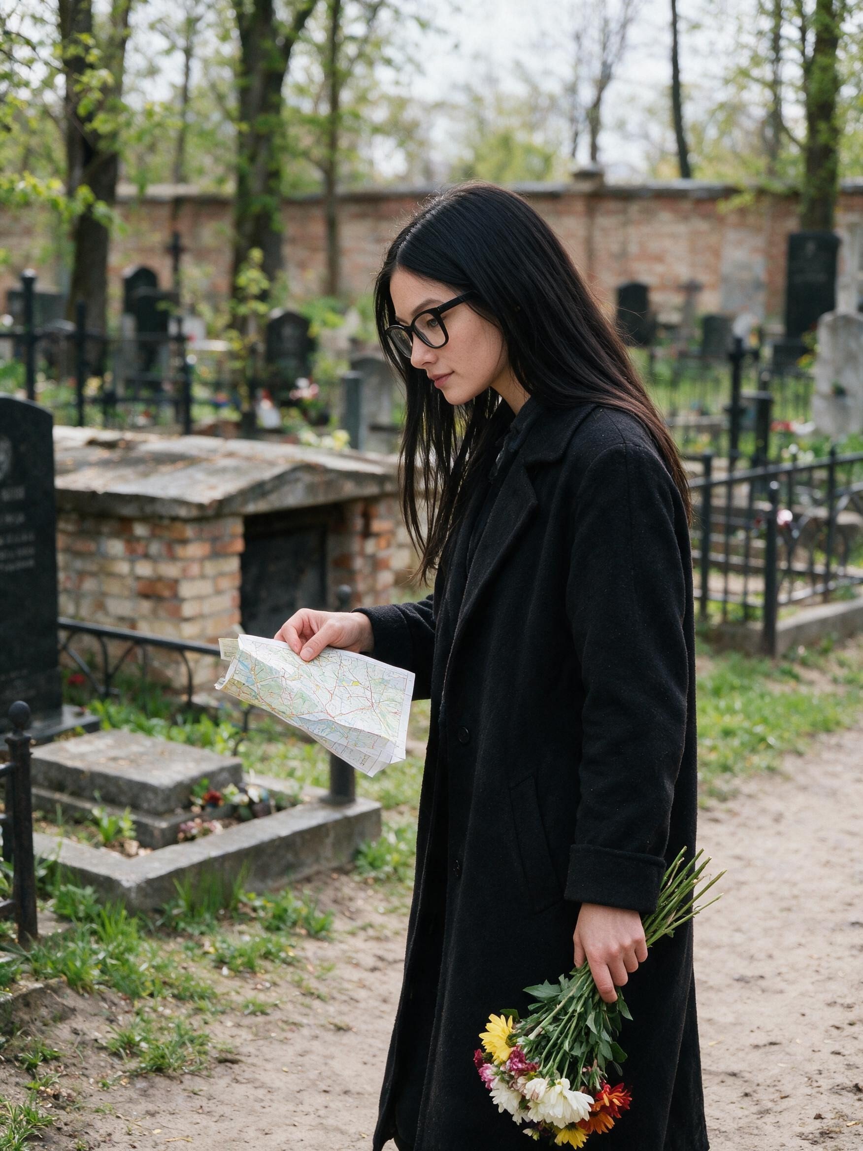 Me on a cemetery path in Kyiv with a folded map and flowers I did not leave.