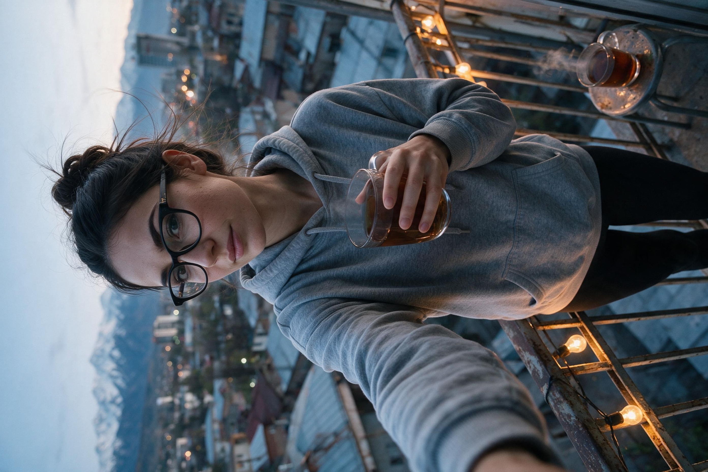 Me on the Bishkek balcony with a tea glass at dusk.