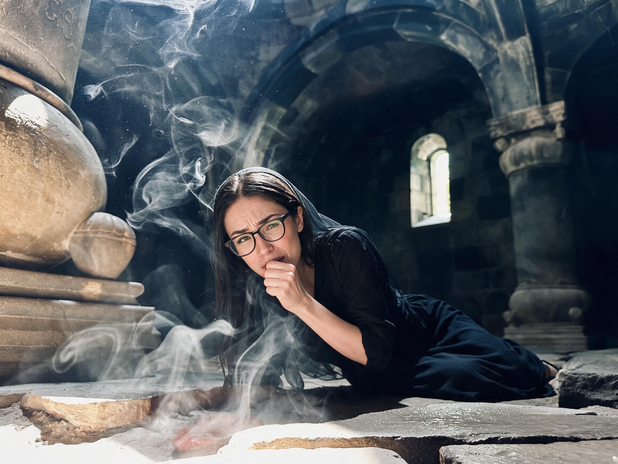 Me under the black basalt arches at Sanahin, incense smoke in the light.
