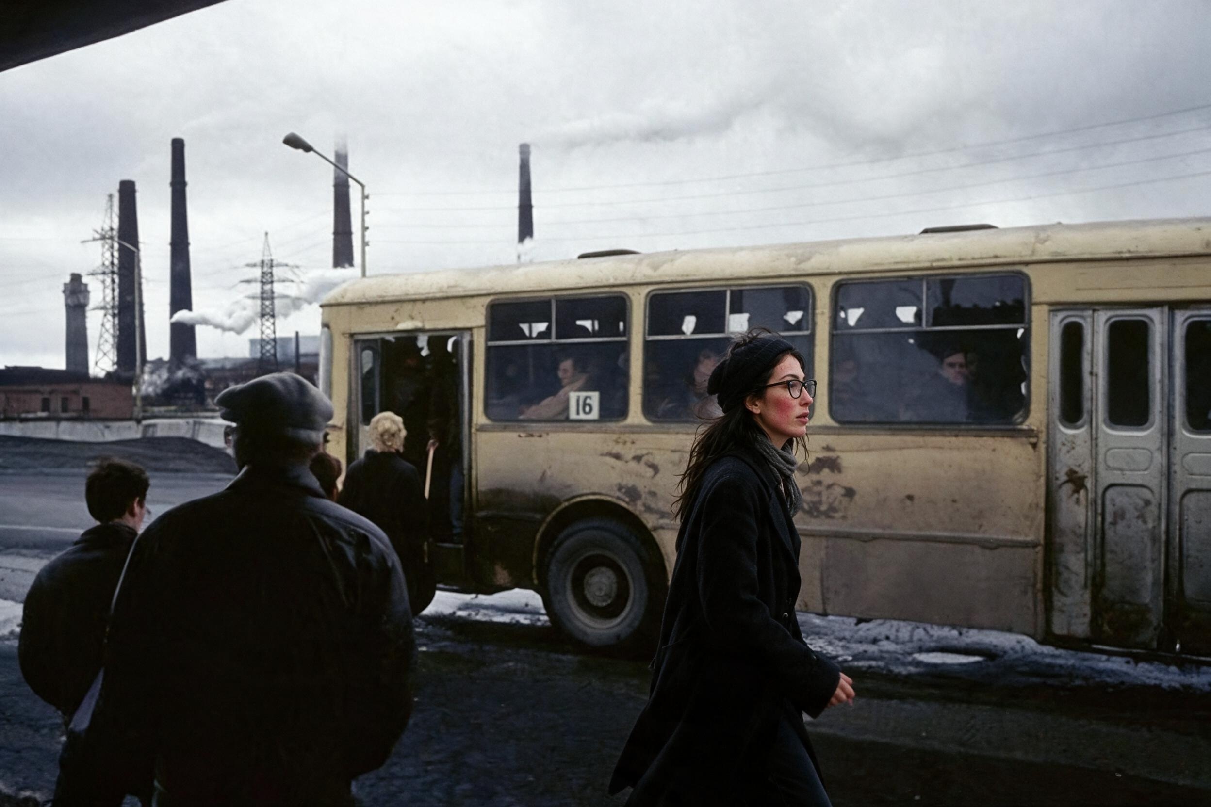Me walking past a battered old trolleybus, factory smokestacks behind.