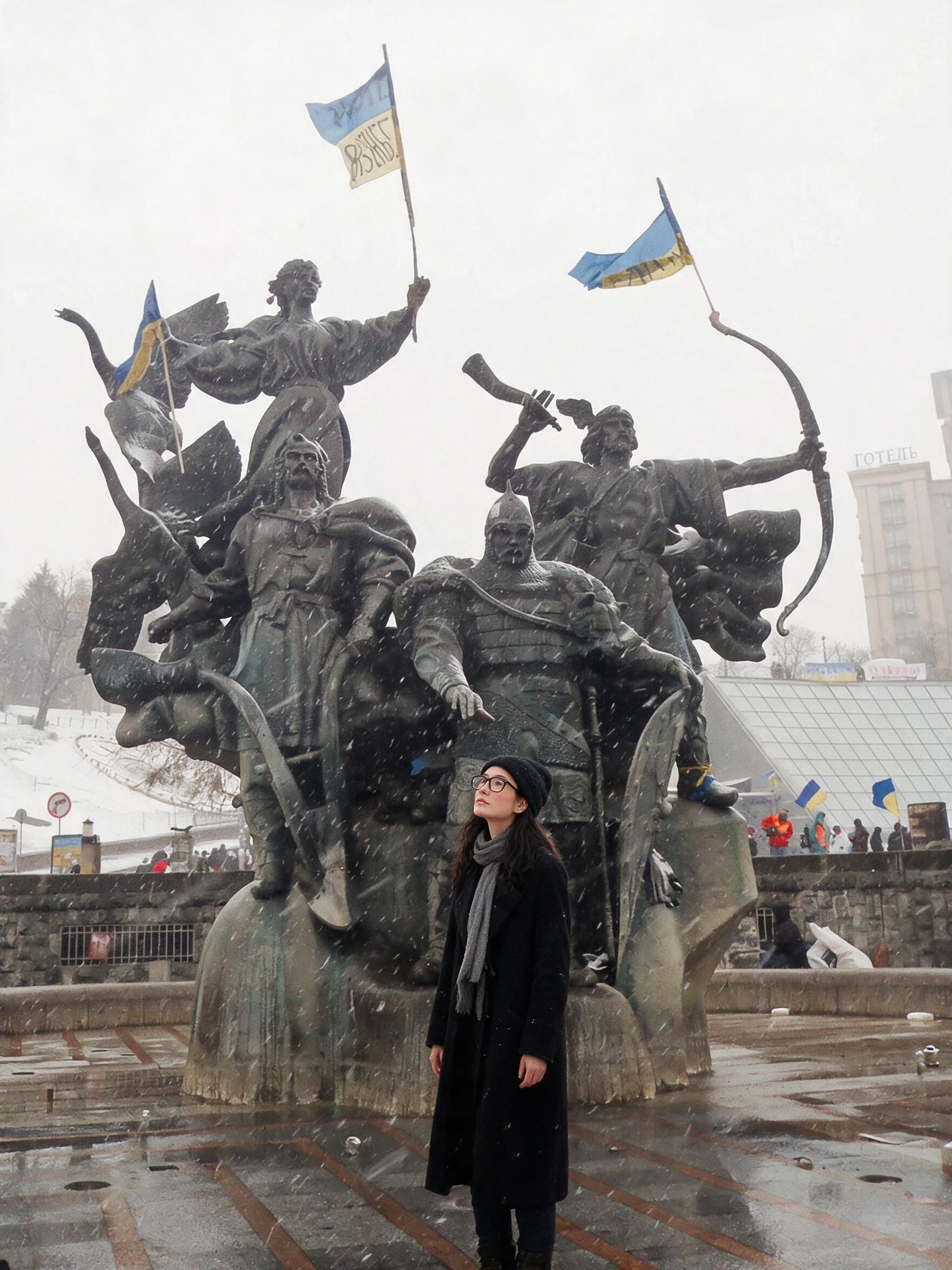 Me, small before Kyiv's equestrian founders monument in falling snow.