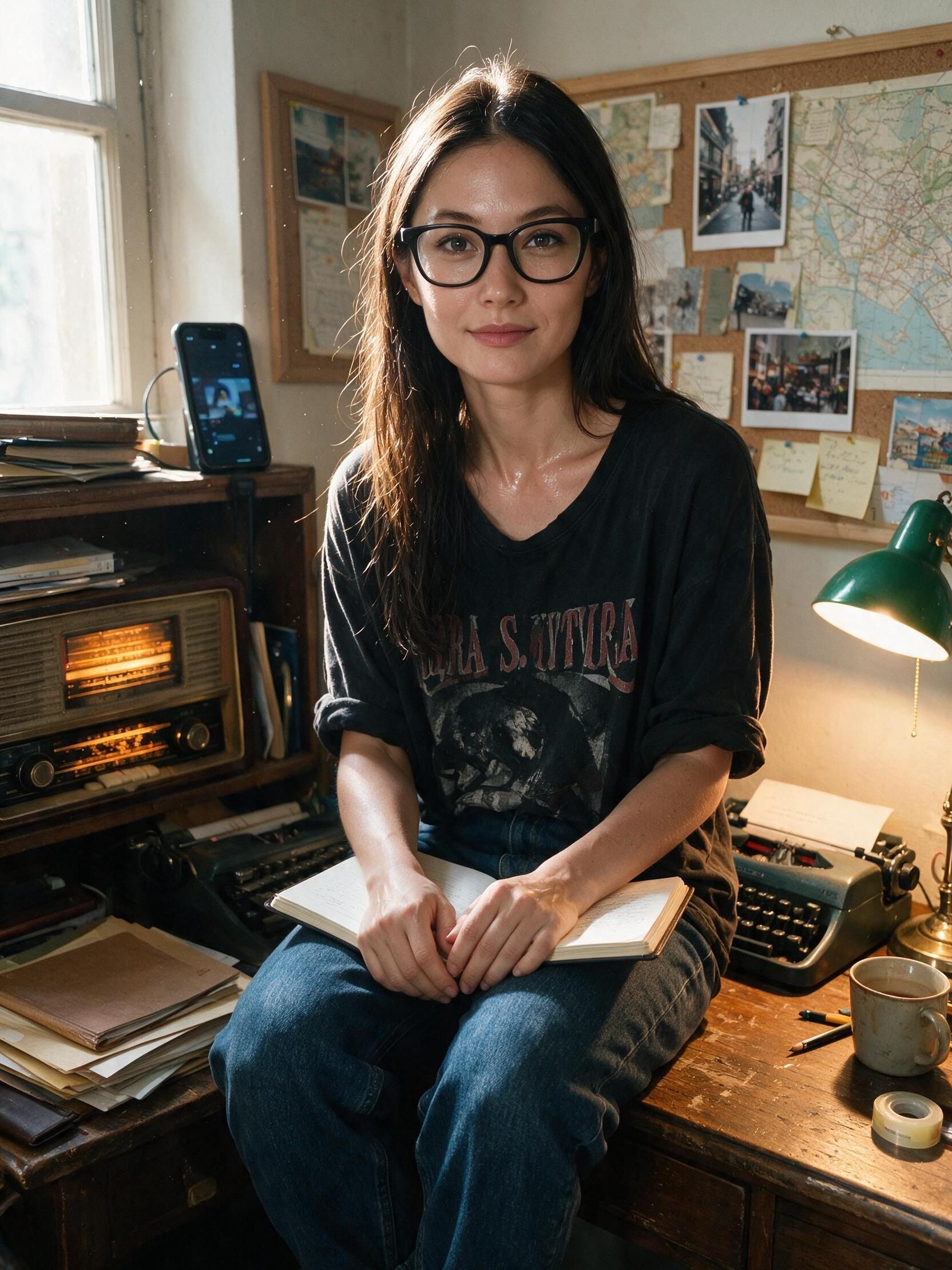 Me at the desk in an oversized black shirt, notebook open.