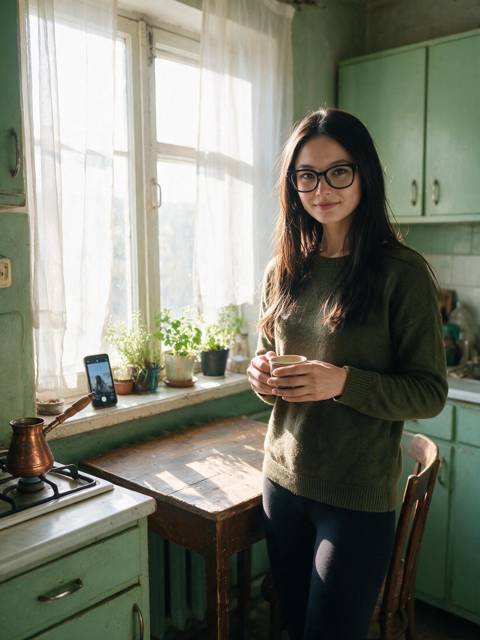 Me smiling with a coffee cup in the green kitchen, phone recording from the windowsill.
