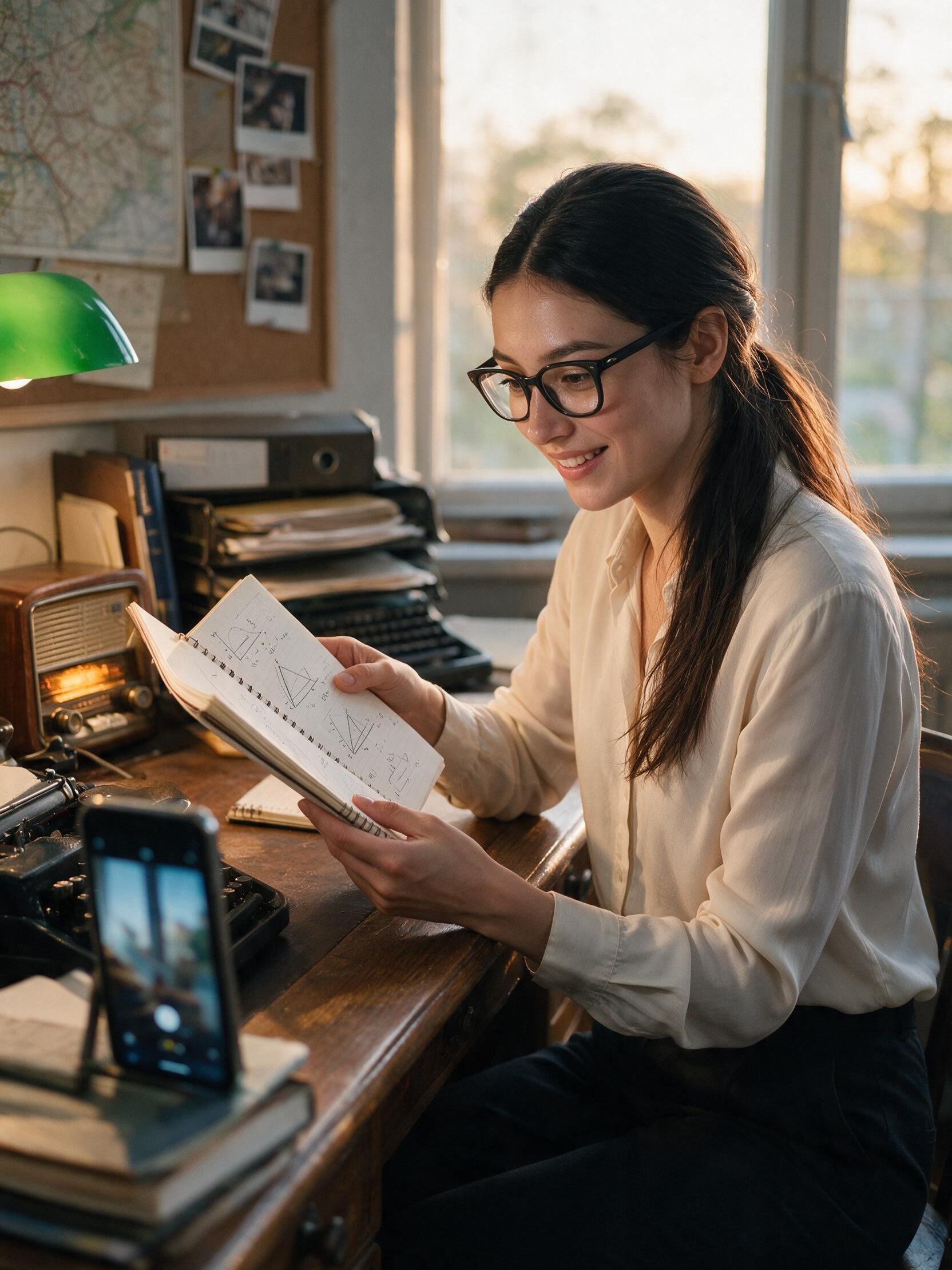 Me opening a notebook of diagrams under the green banker's lamp.