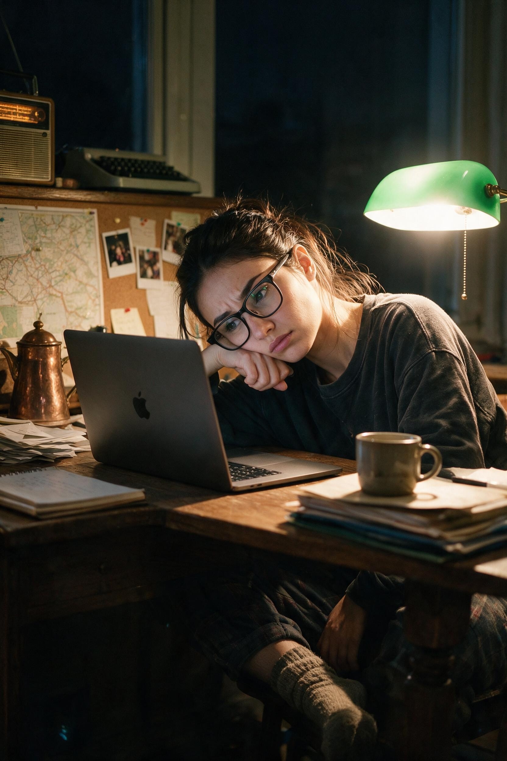 At the desk on a November evening, lamp on, laptop turned away, cold coffee in the cezve.