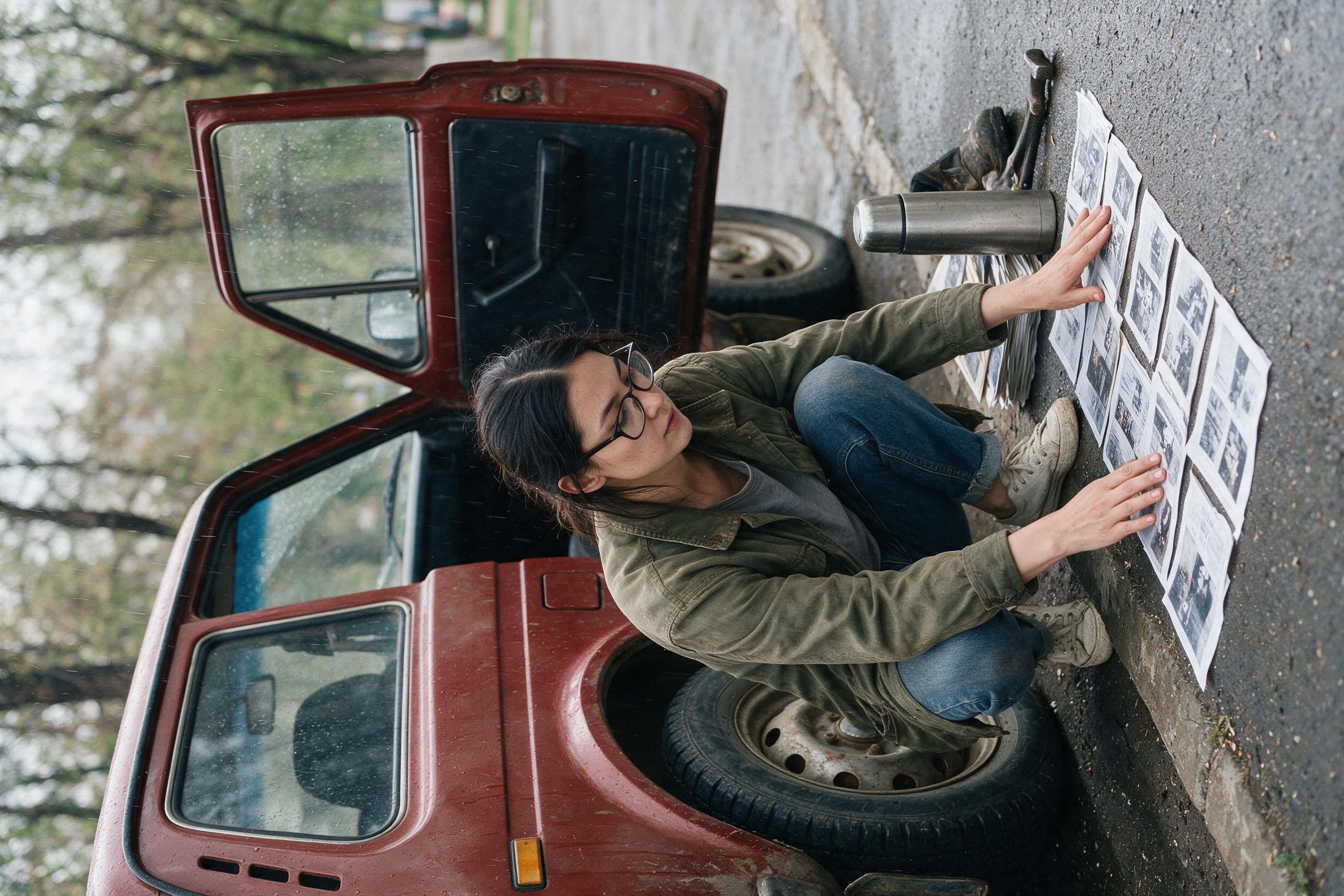 Me crouching by the red Niva sorting wet archive pages on the curb.