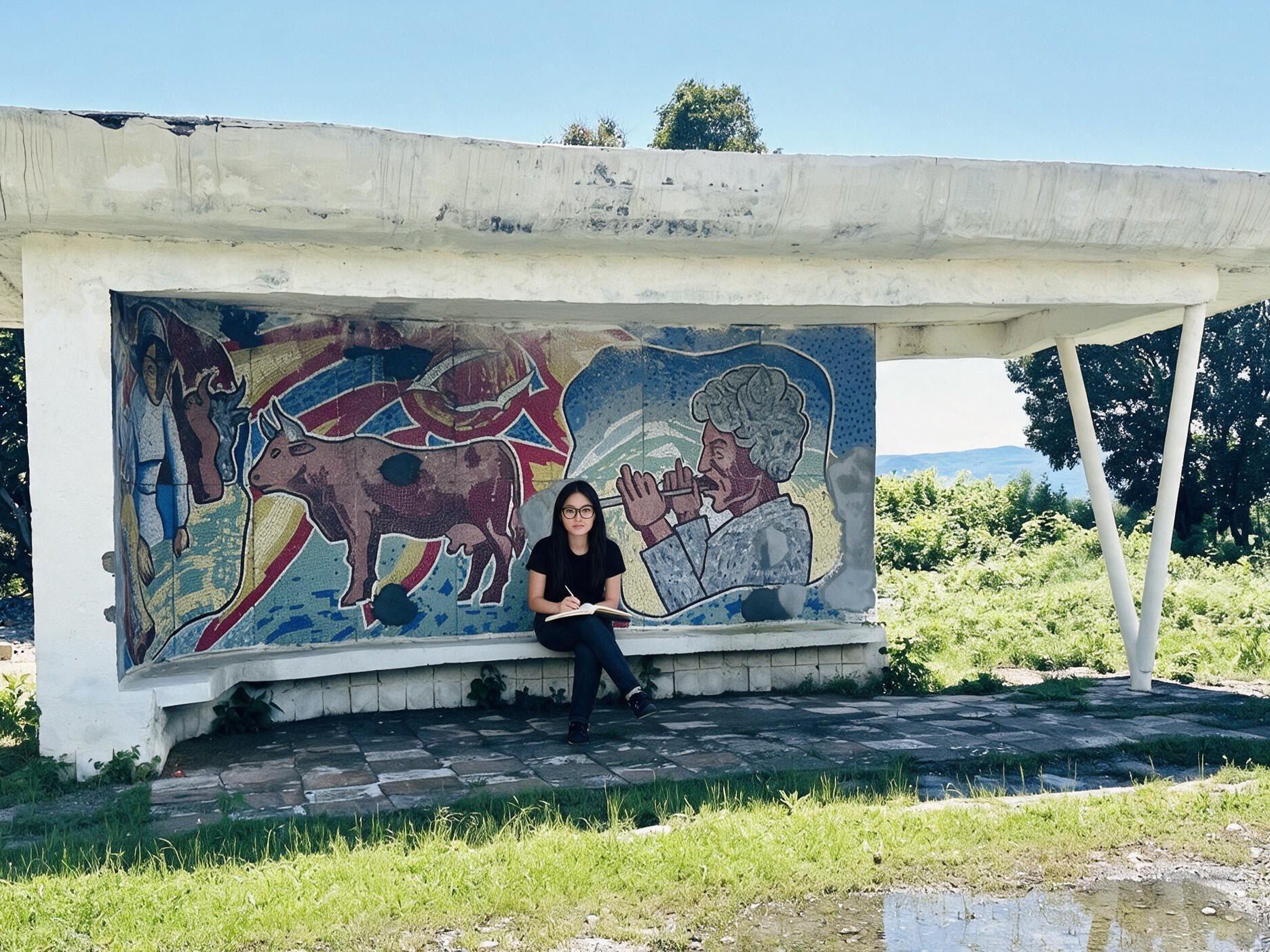 Me with an open notebook on the tiled bench of a Soviet bus stop mosaic.