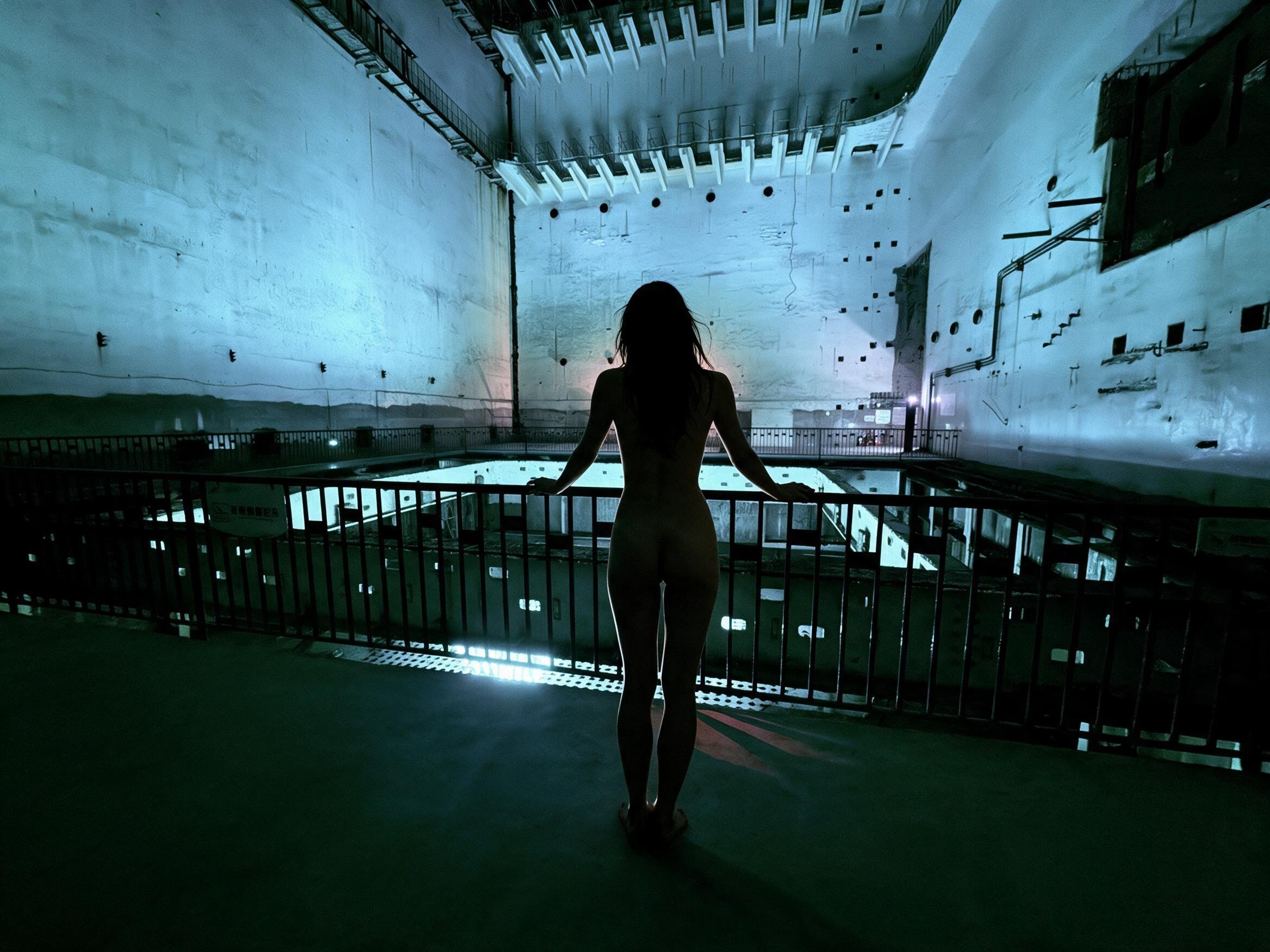 My silhouette at a gallery railing above the blue-green reactor hall of Project 816.