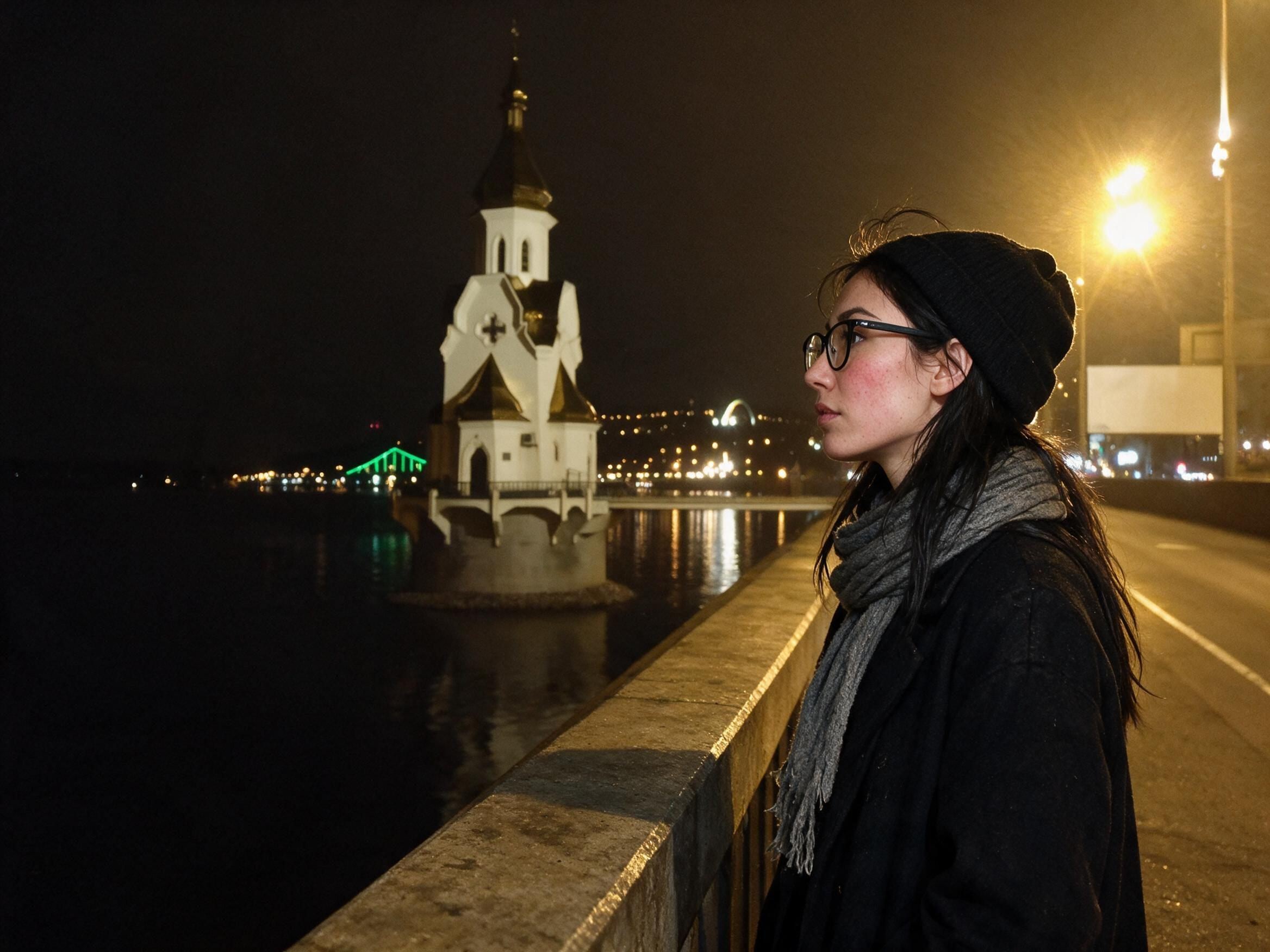 Me at a stone parapet at night, looking at a small golden-domed chapel by the Dnipro.