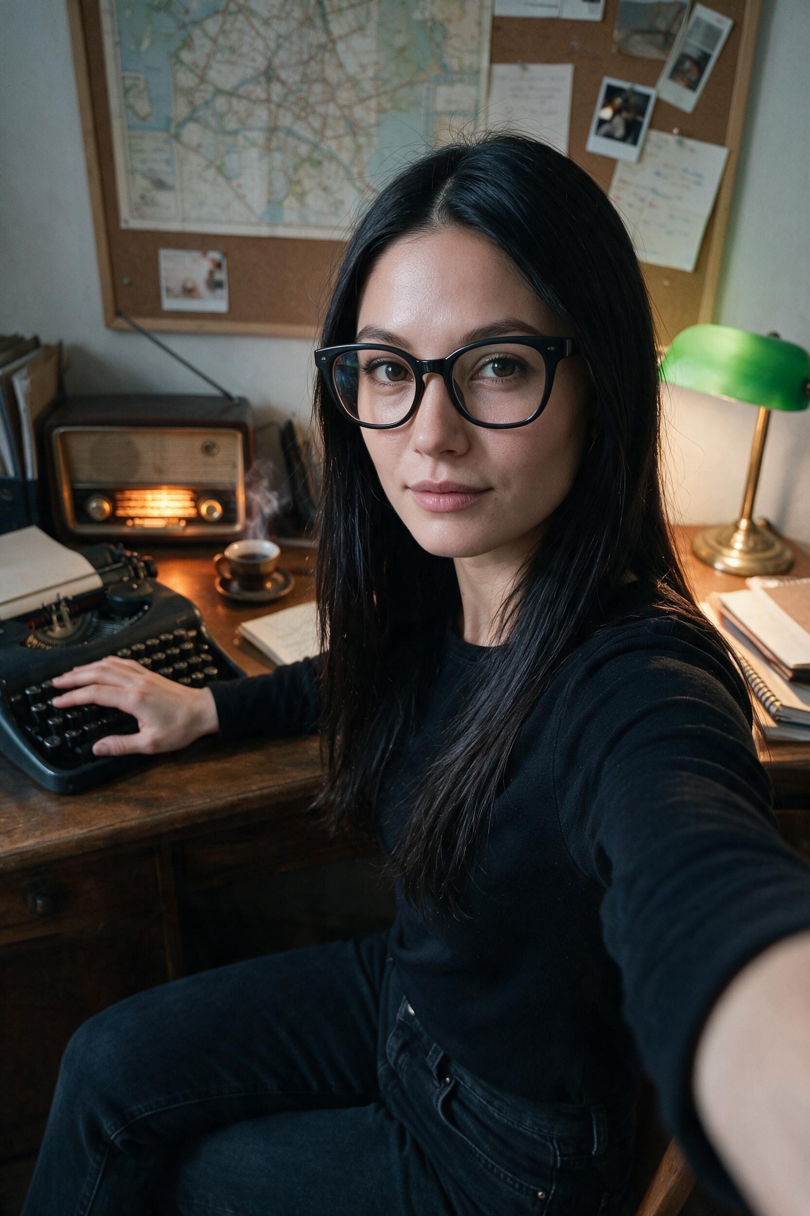Me at the desk with the cezve and the shortwave radio.