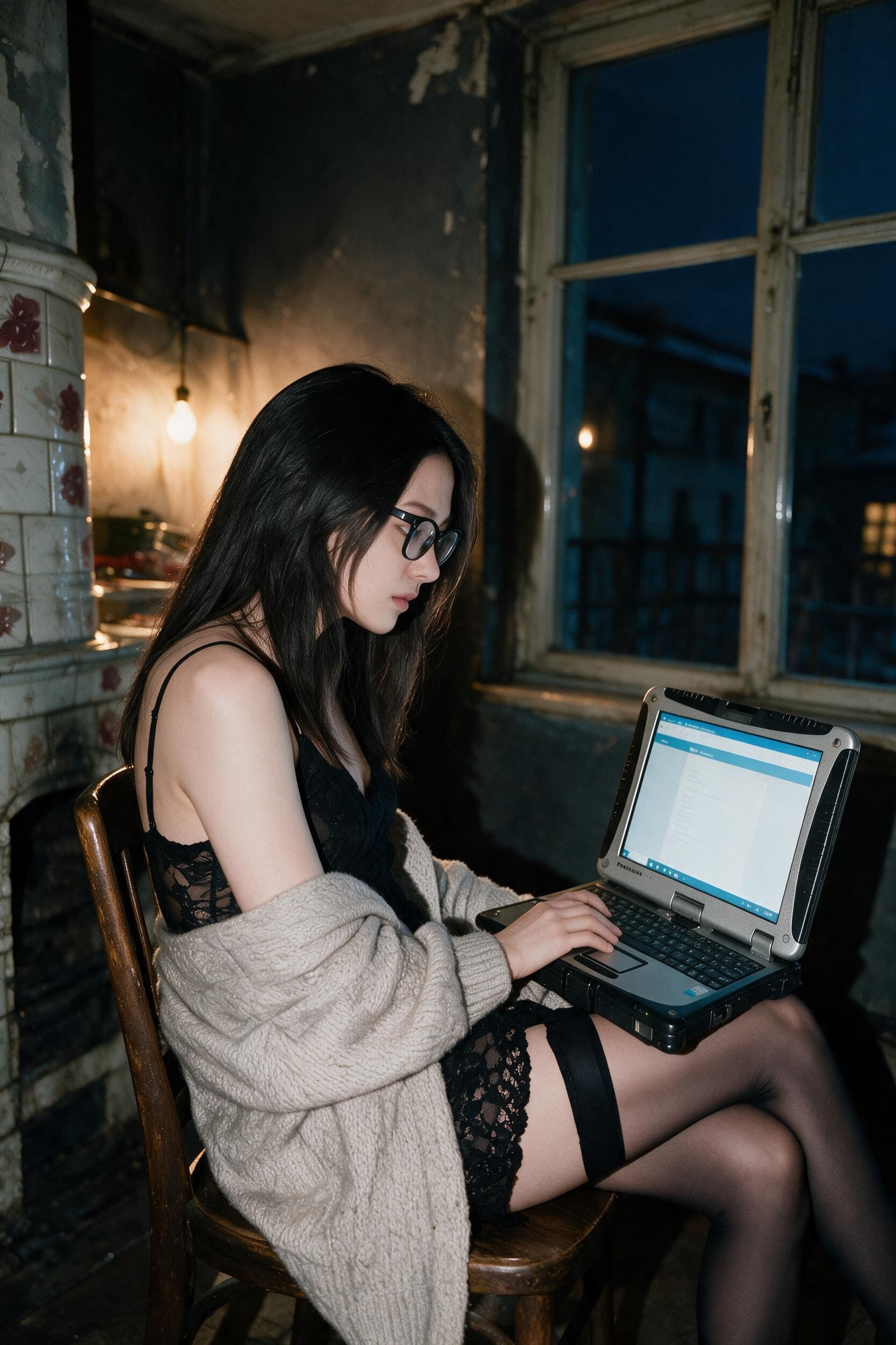 Me on a chair by the tiled stove in the Tbilisi guesthouse, the rugged Toughbook on my lap with the institute's page open.