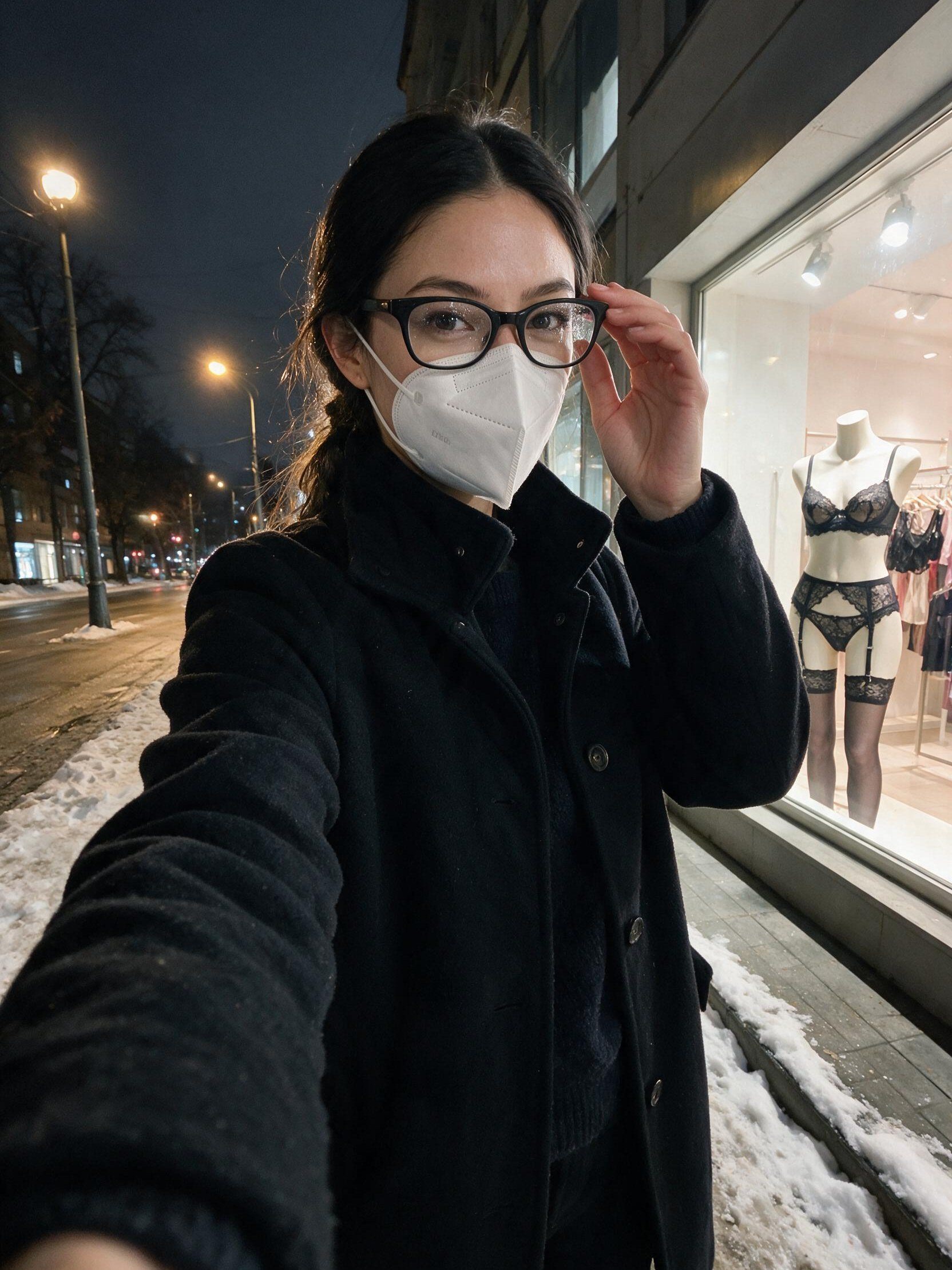 Me in a black coat and mask, night selfie before a lit shop window.