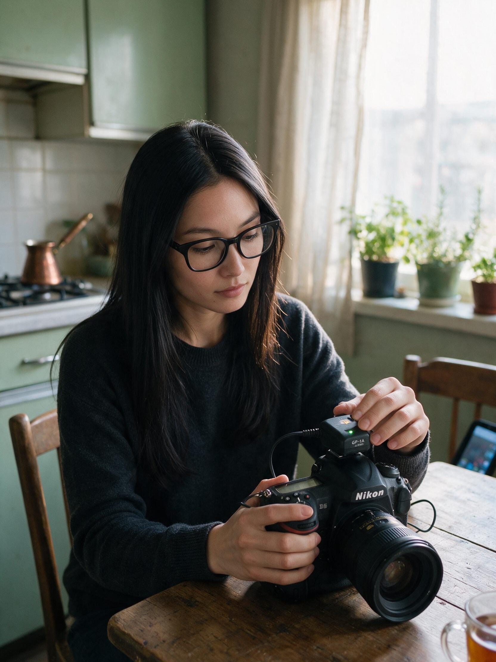 Me at the kitchen table with a Nikon D5 and a small black GP-1A GPS unit on the hot shoe.