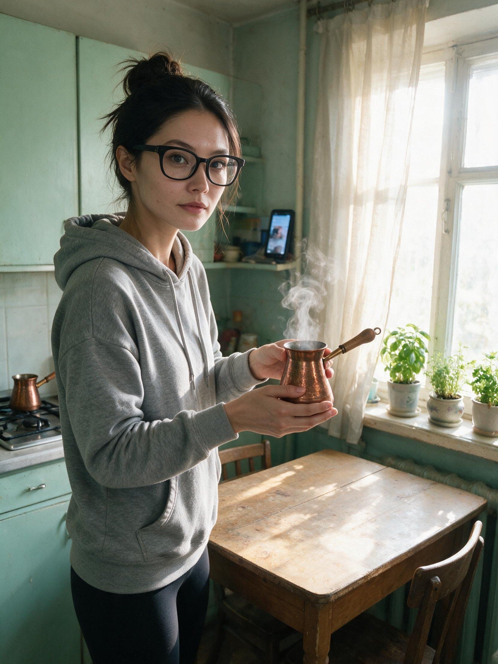 Me in a grey hoodie with the copper cezve at the kitchen table.